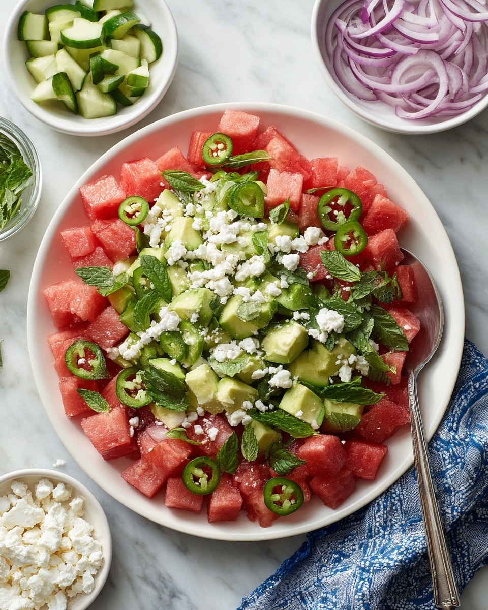 A white plate holds a colorful watermelon salad with three main layers: bright red watermelon cubes, pale green avocado chunks, and small white crumbles of cheese scattered on top. Fresh green basil leaves are mixed throughout the salad, adding contrast against the red and white. The plate sits on a white marbled surface, surrounded by smaller white bowls containing sliced red onions, cubed cucumber, and more white cheese crumbles. A silver spoon rests on the right side of the plate, partly under the salad, with a blue and white cloth napkin nearby. photo taken with an iphone --ar 4:5 --v 7