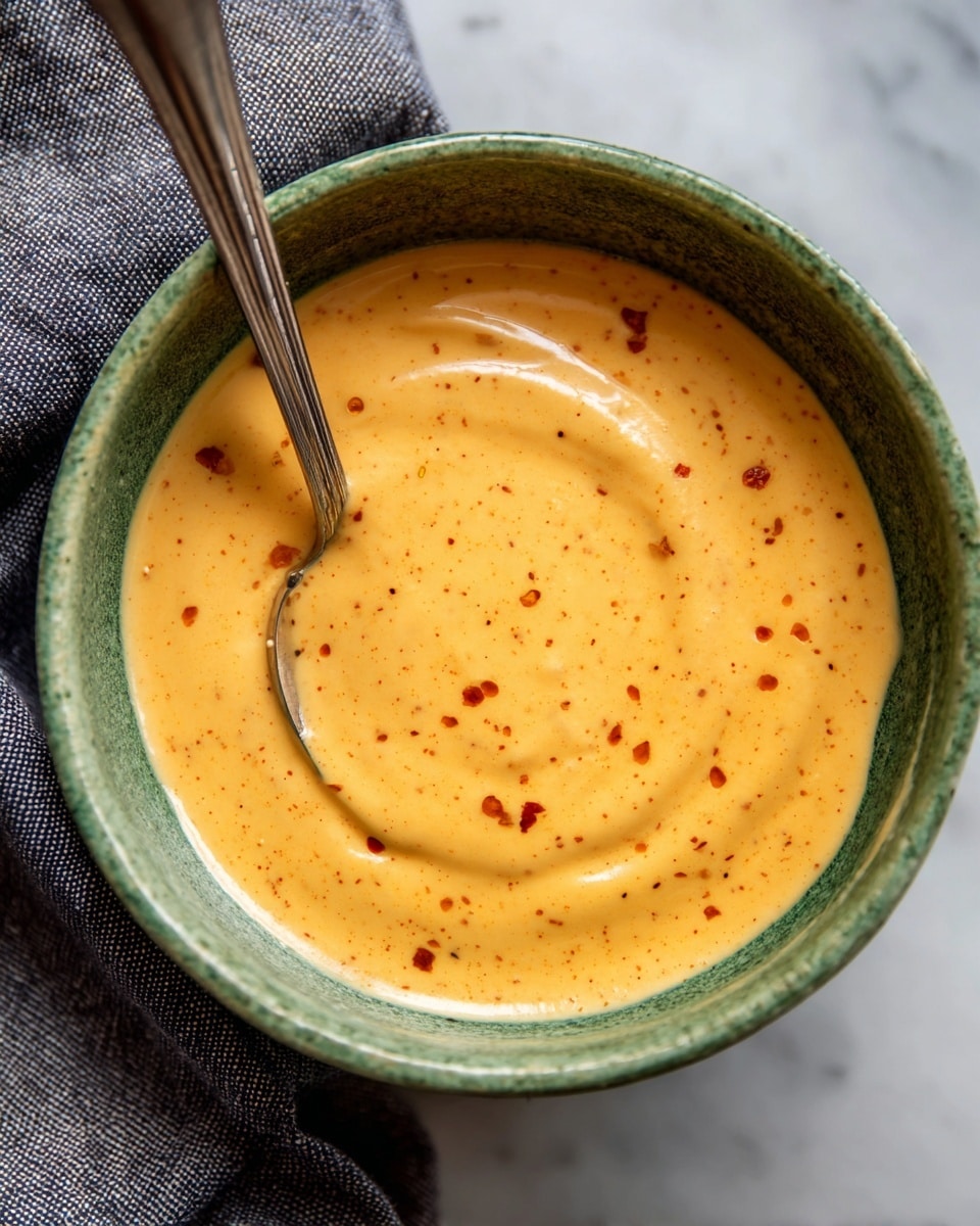 A close-up view of a creamy, smooth sauce with a light orange color and tiny red specks, filling a rustic green bowl almost to the top; a metal spoon is partially inserted into the sauce on the left side. The bowl rests on a folded dark gray cloth, all set on a white marbled surface. The sauce has a thick texture with gentle swirls on the surface showing a soft glossy finish. photo taken with an iphone --ar 4:5 --v 7