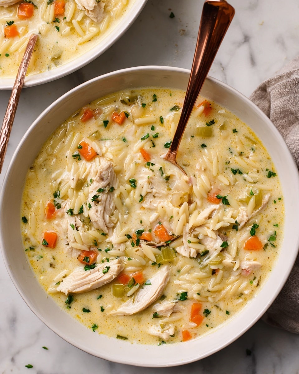 A white bowl filled with creamy chicken soup, featuring three light tan pieces of chicken layered on top, surrounded by finely diced orange carrots and small green celery bits mixed with short white noodles throughout the light yellow broth. A thin lemon slice is placed on the right inside edge of the bowl. A shiny copper spoon rests inside the bowl, partly submerged in the soup on the right side. The bowl sits on a white marbled surface. Photo taken with an iphone --ar 4:5 --v 7