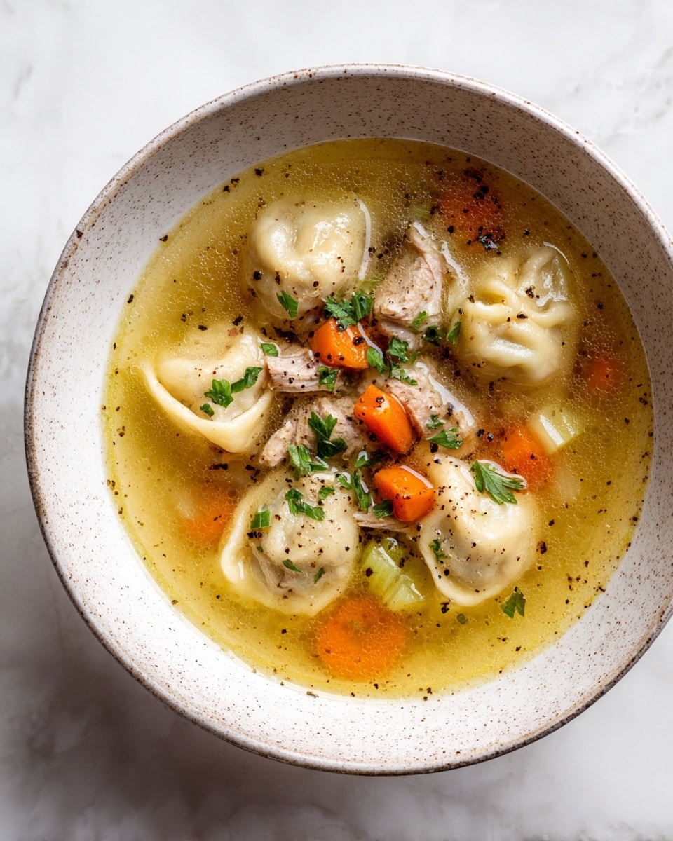 A white speckled bowl filled with clear golden broth showing small bubbles, shredded white chicken pieces, diced orange carrots, light green celery chunks, and several pale yellow tortellini floating on top, sprinkled with small bits of green herbs and black pepper, placed on a white marbled surface photo taken with an iphone --ar 4:5 --v 7