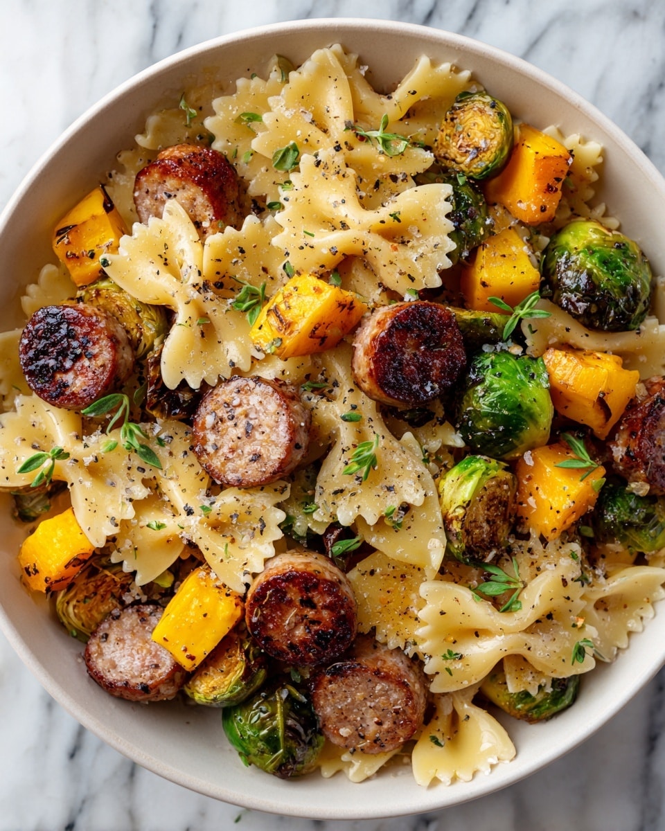 This dish shows a bowl filled with four main layers: the first layer is yellow bowtie pasta with a smooth and soft texture; the second layer is bright green brussels sprouts, some whole and some halved with a slightly charred outer layer; the third layer is orange cubes of butternut squash with a soft, roasted look; the final layer has round slices of browned sausage with a juicy and firm texture, scattered on top throughout the dish. Small green herb pieces are sprinkled on everything, and a few sprigs of fresh rosemary add a pop of green color. The bowl is white and sits on a white marbled surface. photo taken with an iphone --ar 4:5 --v 7
