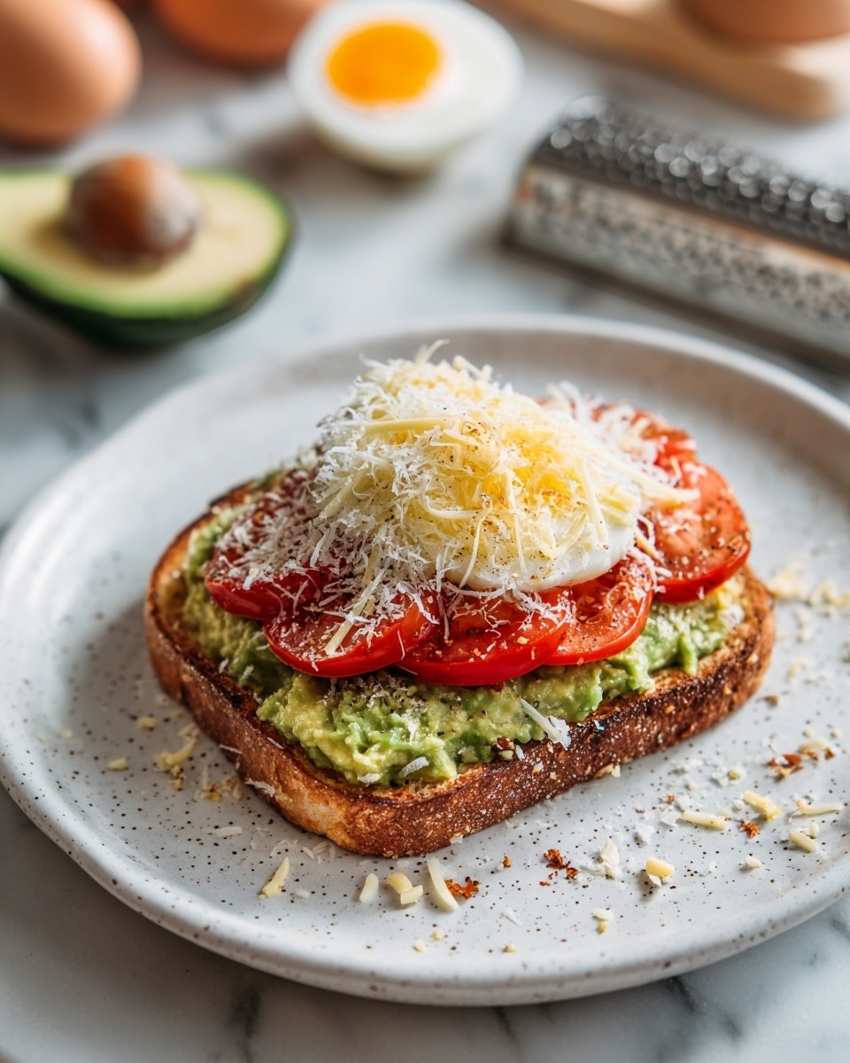 A single piece of toasted bread sits in the center of a white plate with small speckles. On top of the toast is a thick layer of green avocado spread, followed by a layer of bright red tomato slices. The final top layer is a generous heap of finely grated white and yellow cheese, loosely piled, creating a soft textured mound. Some cheese crumbs have fallen onto the plate around the toast. The plate is on a white marbled surface, and there is a blurred background showing a halved avocado, an egg, a slice of bread, and a grater. Photo taken with an iphone --ar 4:5 --v 7