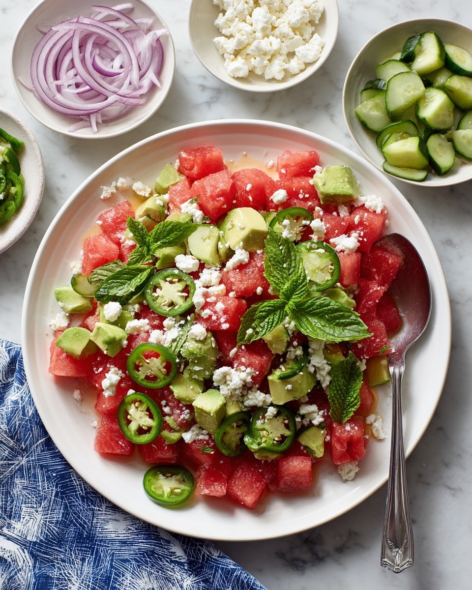 The image shows ingredients arranged on a white marbled surface: two large watermelon wedges with bright red flesh and green rind at the top right, a small bowl filled with chopped green cucumber pieces near the top left, a glass bowl with yellow oil and a silver spoon inside it to the right of the cucumber, a white plate piled with crumbly white cheese below the cucumber, a whole green lime and two lime wedges beside the cheese and oil, a halved purple onion with visible layers at the bottom left, thin green jalapeño slices in a small wooden bowl near the lime, a whole dark green jalapeño pepper next to the sliced one, and half an avocado with its seed seen beside the cucumber bowl. The colors and textures are fresh and vibrant, placed neatly for easy view. photo taken with an iphone --ar 4:5 --v 7