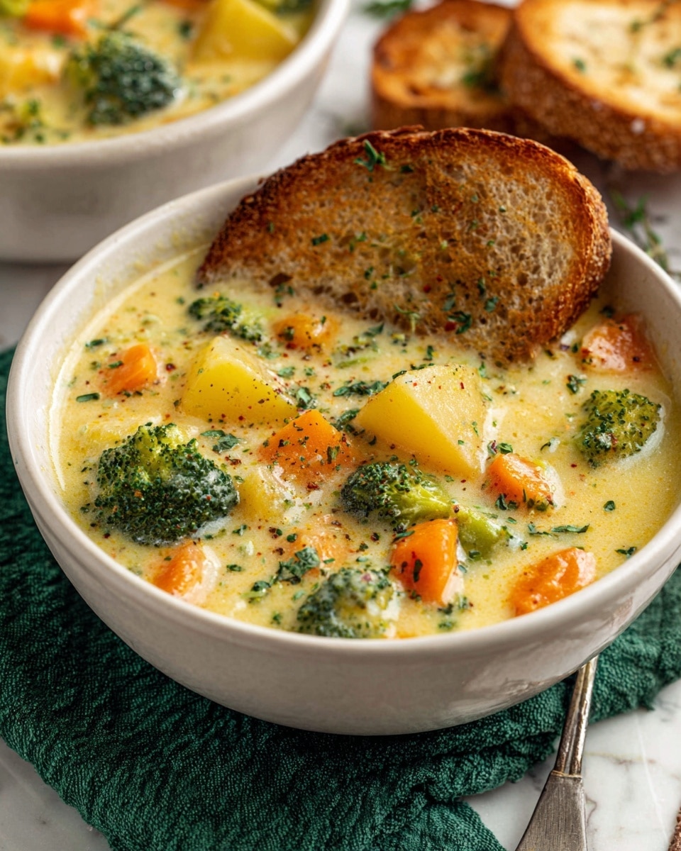 A white bowl filled with thick, creamy soup showing chunks of orange carrots, light yellow potatoes, and small green broccoli pieces spread evenly throughout. The soup has a smooth light beige-yellow base with visible bits of herbs. Two slices of toasted bread with a golden crust rest on top of the soup, partly submerged. The bowl sits on a green cloth napkin on a white marbled surface, with an additional piece of toasted bread nearby and a silver spoon tucked under the napkin. photo taken with an iphone --ar 4:5 --v 7