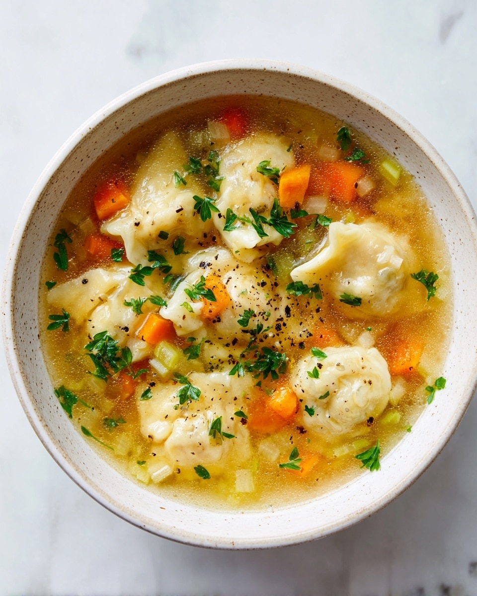 A white speckled bowl filled with clear golden broth holding soft tortellini dumplings scattered on top, their pale creamy color standing out. Inside the soup, pieces of orange carrot cubes and light green celery chunks mingle with shredded white chicken. Bits of fresh green herbs float on the surface, adding freshness. The broth looks warm and slightly oily, with tiny bubbles and specks of seasoning visible. The bowl sits on a white marbled surface. photo taken with an iphone --ar 4:5 --v 7