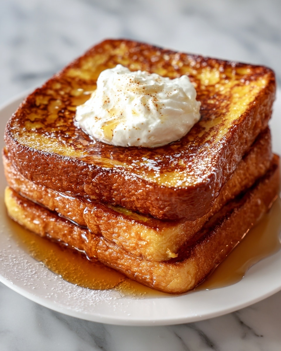 Two thick slices of golden brown French toast stacked on a white plate, each slice showing a crispy, slightly caramelized texture with darker edges. A dollop of white cream with a light dusting of cinnamon sits in the center on top of the upper slice. The French toast is covered with a shiny, amber syrup that pools around the base on the plate. The background shows a white marbled surface with soft lighting. photo taken with an iphone --ar 4:5 --v 7