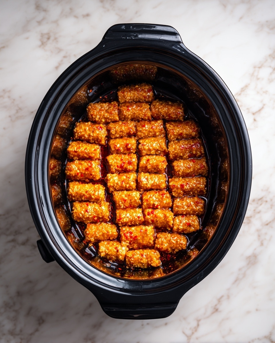 A black slow cooker filled with two layers of golden-brown tater tots sitting in a creamy light beige sauce, sprinkled with small pieces of green herbs on top. The tater tots are crispy with a rough texture and slightly uneven shapes arranged in a single even layer visible on top, covering the entire surface of the sauce. The creamy sauce surrounds the tater tots, pooling at the edges and showing a smooth, shiny texture in between and around the pieces. The cooker rests on a white marbled surface. Photo taken with an iphone --ar 4:5 --v 7