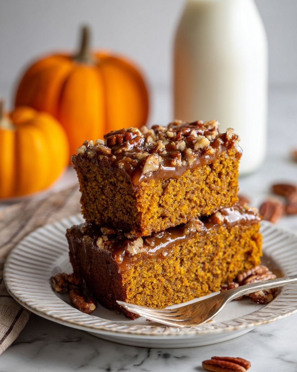 The image shows two thick slices of moist orange pumpkin bread stacked on a white plate with a detailed rim. The bread has a rough, crumbly texture and a dark brown glaze with bits of pecans on top, covering the upper surface of the top slice. A silver fork holds a piece of the top slice, showing the soft inside and a pecan bit, while some pecans scatter on the marbled white surface around the plate. Behind the plate, there is a small bright orange pumpkin and a bottle of milk. The photo taken with an iphone --ar 4:5 --v 7