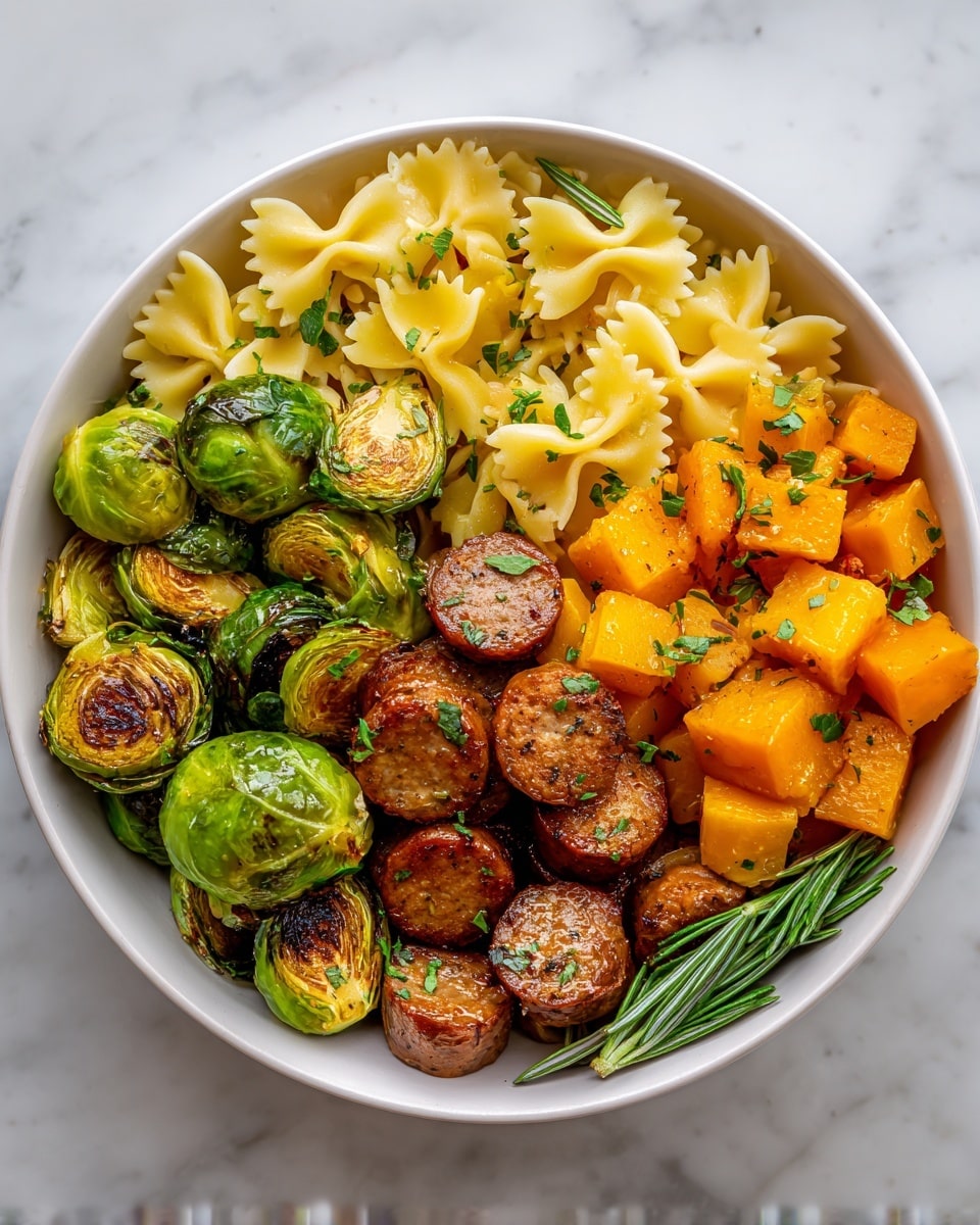 The dish is a close-up of bow-tie pasta mixed with roasted Brussels sprouts, cubed orange butternut squash, and slices of browned sausage. The bright orange squash pieces and the deep green, slightly crisp-looking Brussels sprouts sit evenly spread among the pale yellow pasta. The sausage slices have a browned, slightly glossy surface, and the whole dish is sprinkled with mixed herbs and red chili flakes. The food is served in a round white bowl, placed on a white marbled surface, creating a warm and hearty feel. Photo taken with an iphone --ar 4:5 --v 7