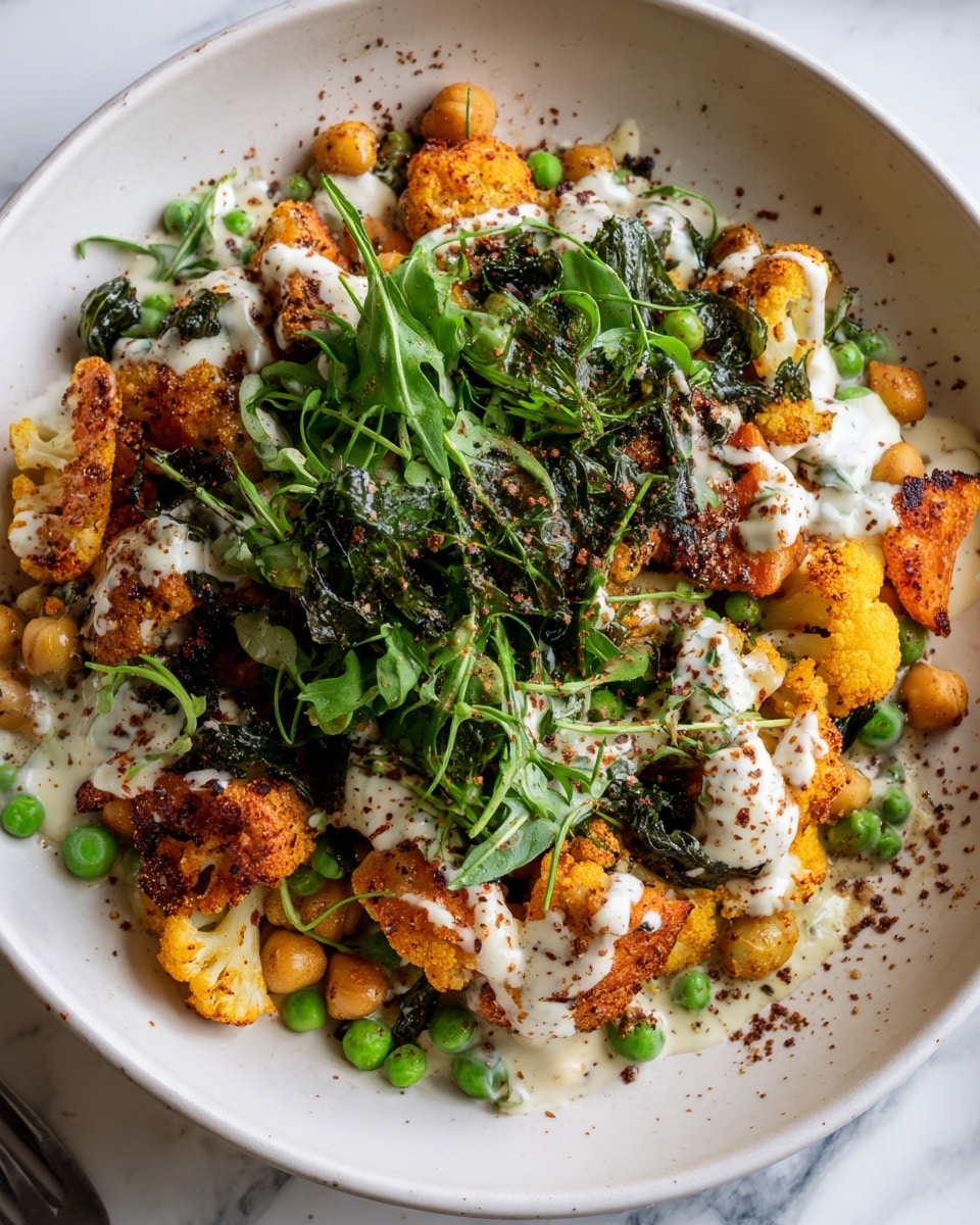 A dish on a white plate with a mix of roasted vegetables including bright orange carrot slices, golden brown cauliflower pieces, and small green peas. On top, fresh green spinach leaves add a bright color, and the whole dish is drizzled with a light creamy white sauce. The vegetables look crispy and seasoned, and the sauce is spread unevenly for a natural look. The plate sits on a white marbled surface photo taken with an iphone --ar 4:5 --v 7
