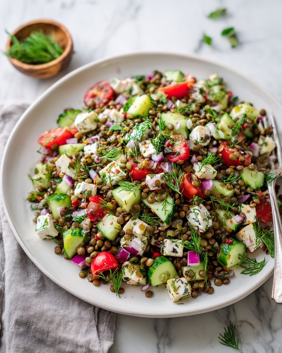 A large white shallow bowl filled with a colorful lentil salad showing many layers of small green lentils, diced green cucumber, red chopped tomatoes, red onion pieces, and chopped fresh mint leaves spread evenly throughout. There are white chunks of soft cheese scattered on top along with sprigs of fresh dill adding texture and a splash of green. The bowl sits on a white marbled surface, and part of a wooden bowl with fresh herbs is visible nearby. The overall look is fresh, healthy, and vibrant photo taken with an iphone --ar 4:5 --v 7