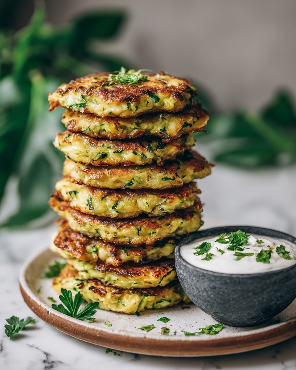 A stack of golden brown fritters with bits of green herbs and small pieces of zucchini is arranged in the center of a white plate, with about eight fritters layered unevenly. Next to the stack, on the right side of the plate, is a small dark gray bowl filled with smooth white sour cream, topped with small green herb pieces. The plate rests on a white marbled textured surface with some scattered chopped green herbs around it. In the background, blurred green herbs add a fresh look to the image. photo taken with an iphone --ar 4:5 --v 7