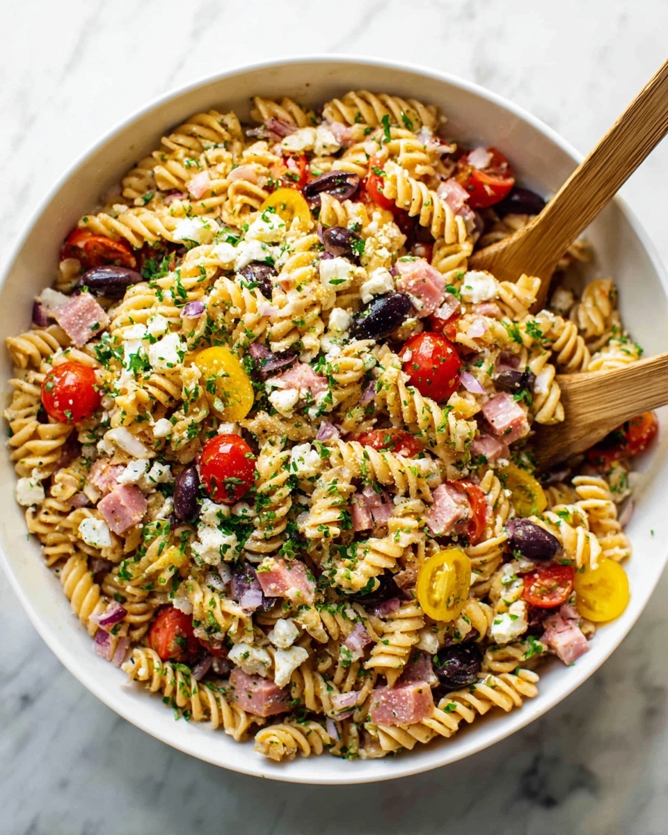 A large white bowl is filled with a colorful pasta salad featuring three main layers: the bottom layer of light brown rotini pasta spirals, mixed with small cubes of pink deli meat; scattered throughout are bright red halved cherry tomatoes and dark purple olives; sprinkled on top are small white chunks of cheese and thin yellow pepper slices; the whole dish is garnished with finely chopped green herbs, giving it a fresh look, with wooden salad spoons partially immersed in the salad. The bowl sits on a white marbled surface. photo taken with an iphone --ar 4:5 --v 7