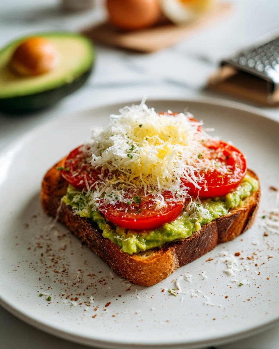 The image shows two slices of toast on a white plate with some crumbs scattered around. Each slice has three visible layers: the bottom layer is light brown toasted bread, the middle layer is a green creamy spread like avocado, and the top layer is made of small pieces of red tomato covered by a fluffy mix of white and bright yellow grated topping that appears soft and light. The scene is set on a white marbled surface, and the focus is sharp on the toast details, with the background softly blurred. Photo taken with an iphone --ar 4:5 --v 7