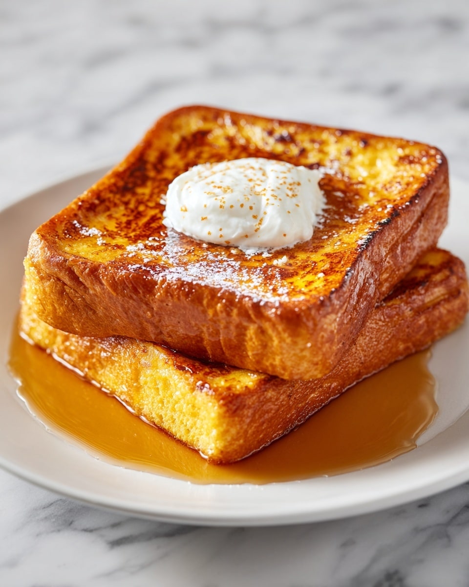 Two thick slices of golden brown French toast are stacked on a white plate. The top slice has a dollop of white butter with a slightly browned spot in the center. Both slices have a shiny layer of syrup that drips gently down the sides, giving them a warm, sticky look. The toast edges show crispy, caramelized textures, and the surface is smooth with spots of darker toasting. The plate rests on a white marbled texture. photo taken with an iphone --ar 4:5 --v 7