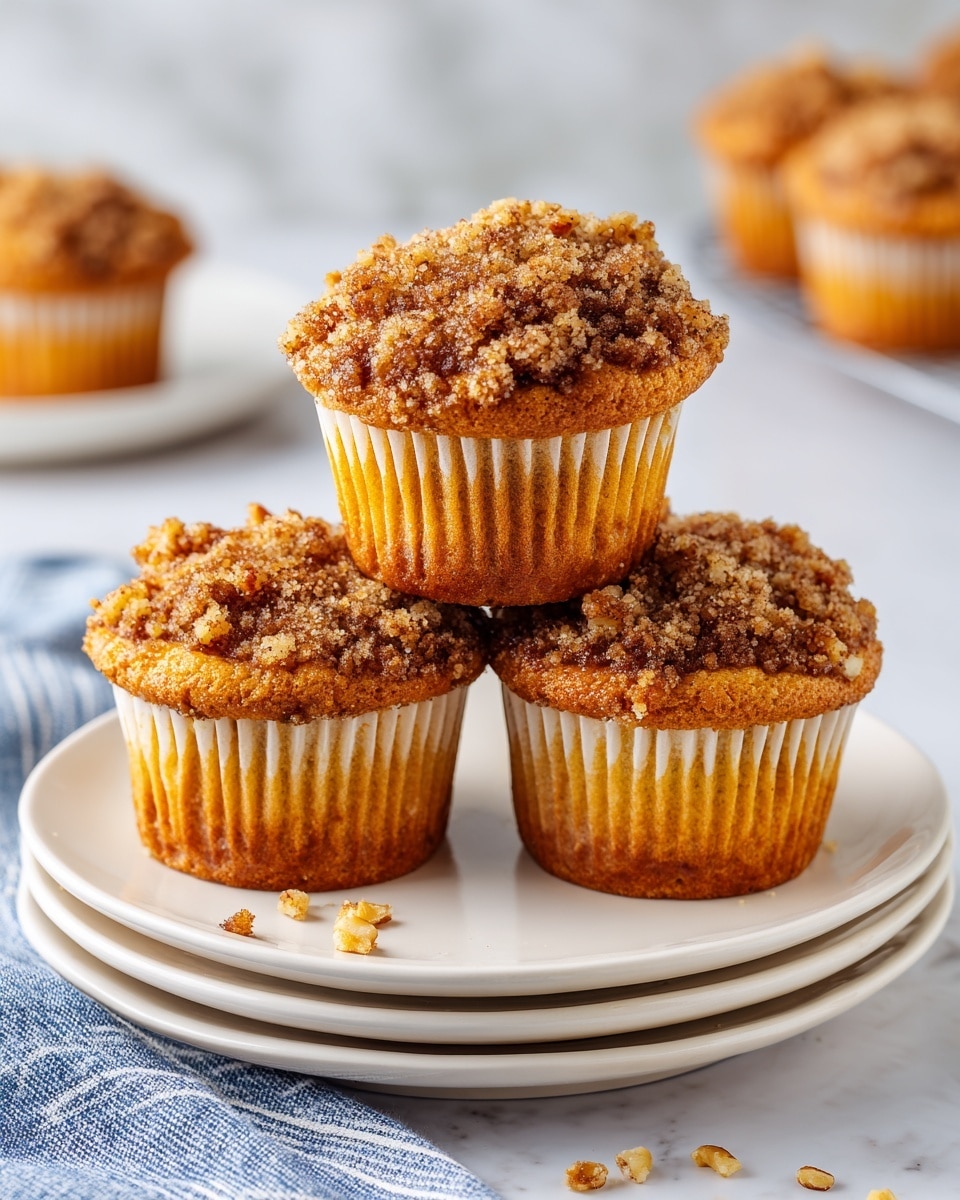 Three muffins with a crumbly, golden-brown topping sit closely together on a stack of three white plates. The muffins have a light brown base wrapped in paper liners with a slightly darker muffin body under the thick, rough-textured crumb layer that looks crunchy. Small pieces of nuts are visible in the crumbs and scattered around the plates, which rest on a white marbled surface. A blue and white striped cloth is partially visible in the lower left corner. In the background, more muffins blur softly. Photo taken with an iphone --ar 4:5 --v 7