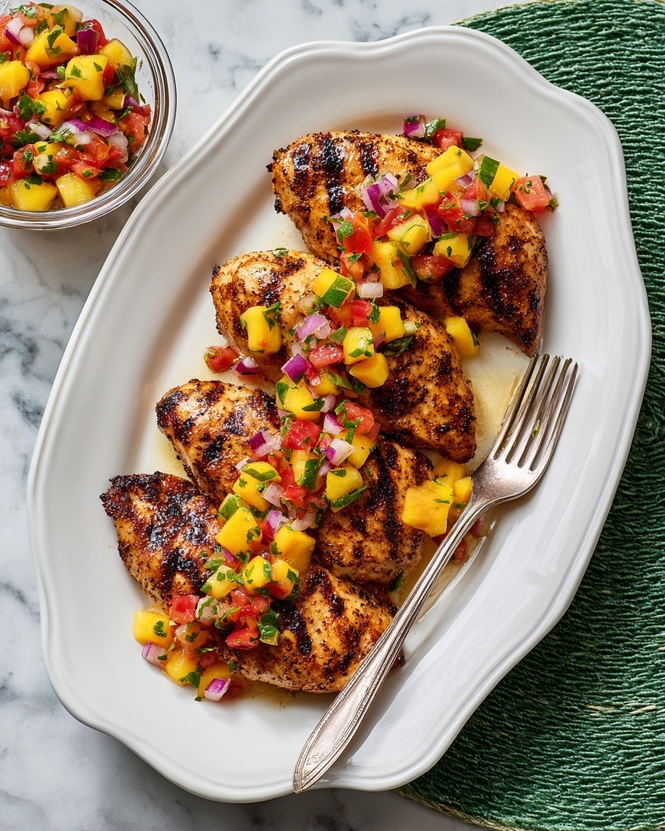 The image shows three grilled chicken pieces placed on a white plate with a pointed oval shape. Each piece of chicken is golden brown with clear dark grill marks, giving them a textured, slightly shiny look. On top of the chicken pieces is a colorful salsa made of small diced chunks of bright yellow mango, red tomato, purple onion, and green herbs, adding a fresh and vibrant touch. A silver fork is resting diagonally on the plate next to the chicken. The plate is on a white marbled surface with a green woven placemat partially visible underneath. In the upper left corner, a small glass bowl holds more salsa matching the one on the chicken. Photo taken with an iphone --ar 4:5 --v 7