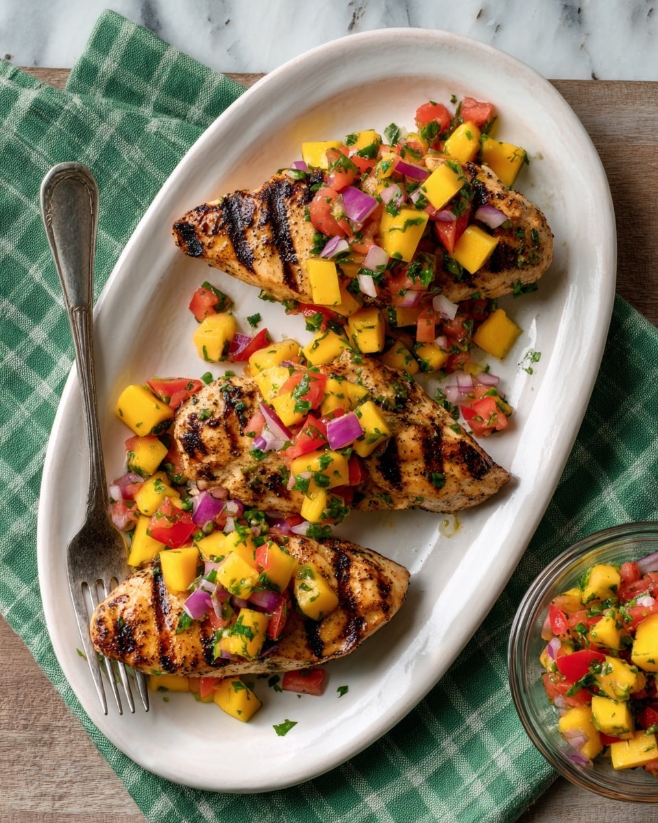 Three grilled chicken pieces with dark grill marks lie on a white oval plate. Each piece is topped with a fresh salsa made of small, bright yellow mango cubes, red tomato pieces, purple onion bits, and green herbs. A silver fork rests on the left side of the plate. The plate sits on a green checkered cloth over a light brown wooden table, and next to it there is a small clear bowl filled with more salsa. The background features a white marbled texture. Photo taken with an iphone --ar 4:5 --v 7