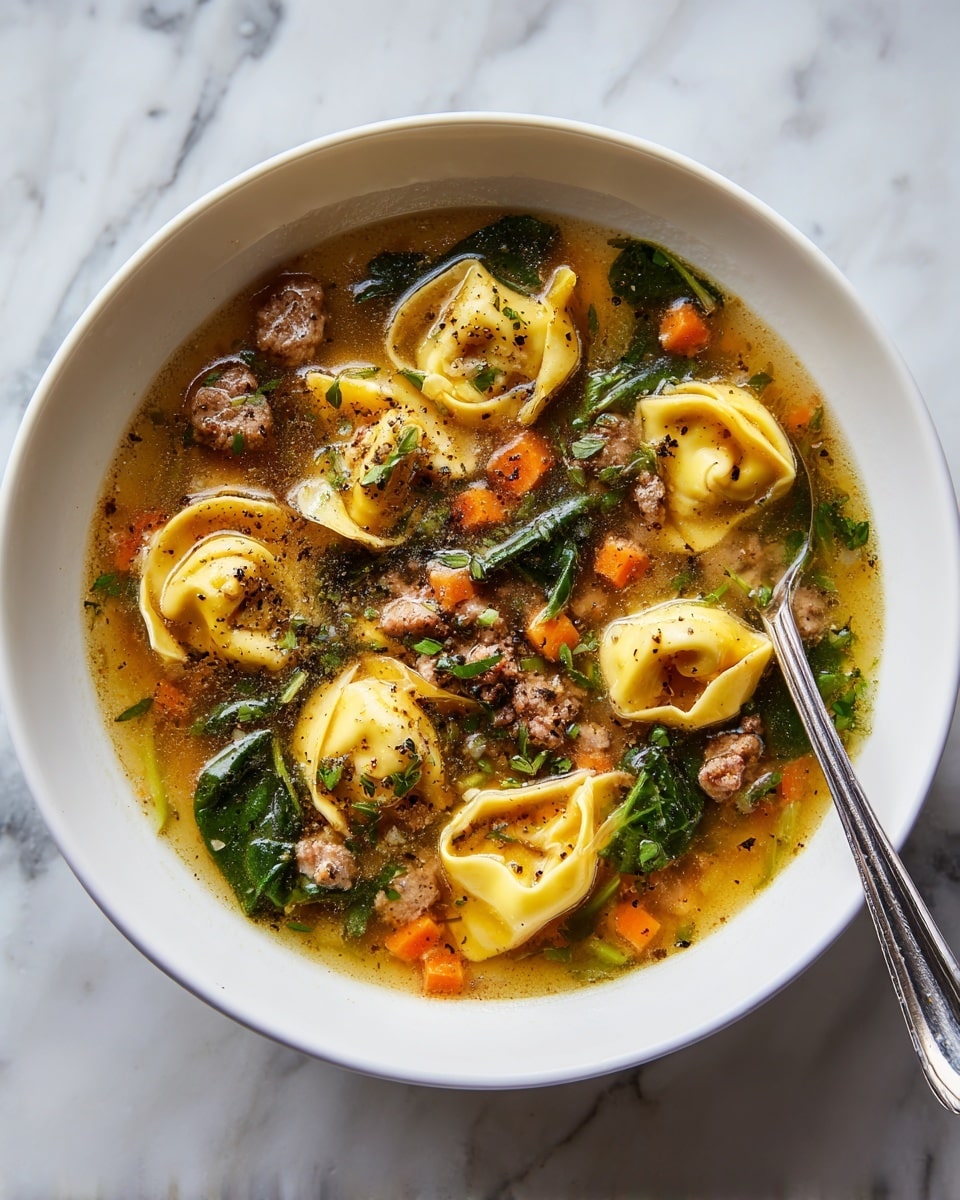 A brown bowl filled with a rich soup showing several layers: the top layer has light yellow tortellini pasta with folds and edges floating in an orange broth; scattered around are small orange carrot cubes and bright green spinach leaves adding color contrast; small browned pieces of cooked meat are spread evenly throughout with visible seasoning of black pepper and herbs sprinkled on top; the surface of the broth reflects light, giving a shiny and fresh look; the bowl sits on a white marbled surface with a silver spoon partially visible inside the bowl near the edge. photo taken with an iphone --ar 4:5 --v 7