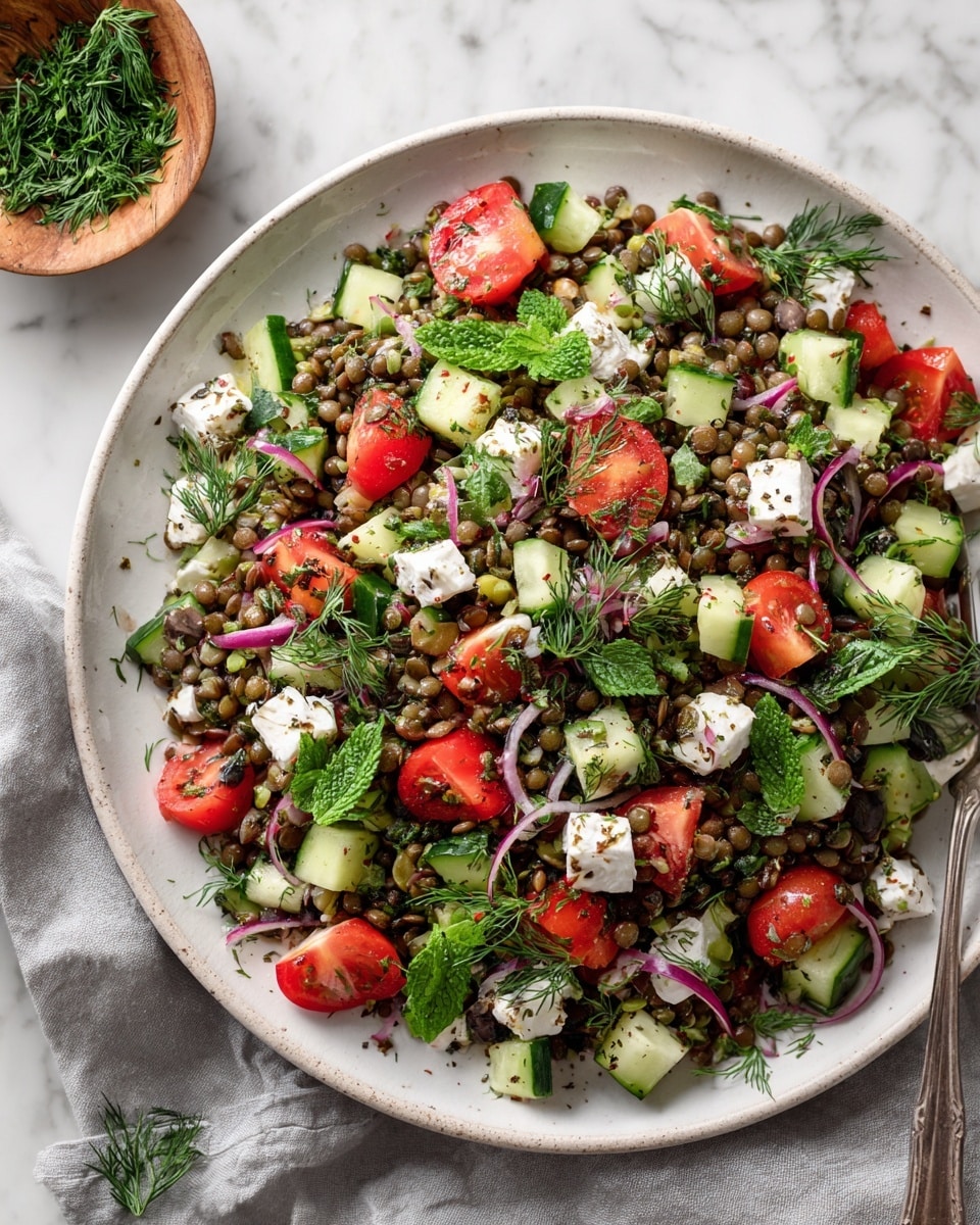A white bowl filled with a colorful lentil salad shows a mix of green lentils, chunks of bright red tomatoes, light green cucumber cubes, and pieces of white cheese scattered throughout. Small bits of purple onion add sparkle, while fresh green herbs like mint and dill sit on top, giving the salad a fresh look. The salad texture appears soft from the lentils but crunchy from the vegetables, with the herbs adding a leafy contrast. The bowl is placed on a white marbled surface, with a small wooden bowl of green leaves nearby, and a piece of cloth visible in the background. photo taken with an iphone --ar 4:5 --v 7