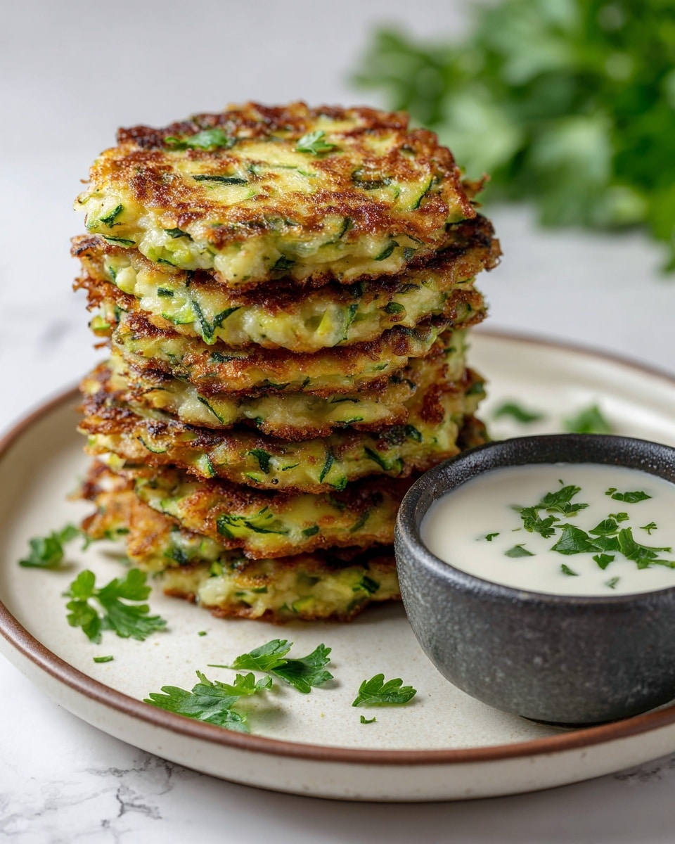 A stack of golden-brown fritters with bits of green herbs and zucchini visible in each one sits on a white plate with a white marbled surface underneath. The fritters look crispy on the edges and soft inside, with small fresh green parsley leaves sprinkled over them. To the side on the plate is a small dark bowl filled with smooth white sour cream topped with a few more parsley pieces. In the blurred background, fresh green parsley leaves add color. Photo taken with an iphone --ar 4:5 --v 7