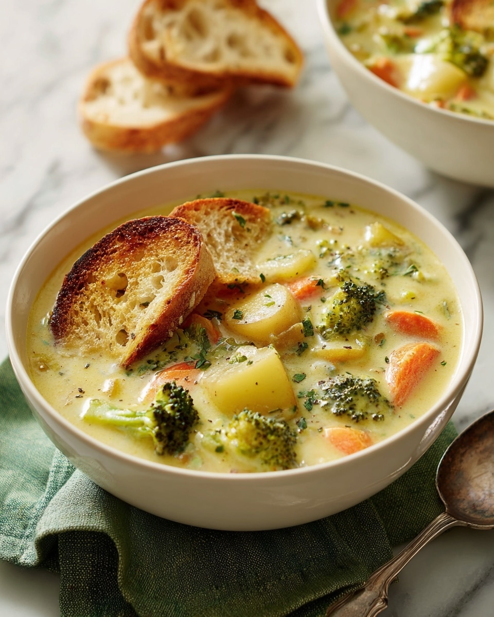 A white bowl filled with creamy soup that has visible chunks of broccoli, orange carrots, and white potatoes, all mixed in a thick yellowish broth. Two pieces of toasted white bread with a crunchy texture are resting on the soup surface. The bowl is placed on a white marbled textured surface with a green cloth underneath and a spoon beside it. Photo taken with an iphone --ar 4:5 --v 7
