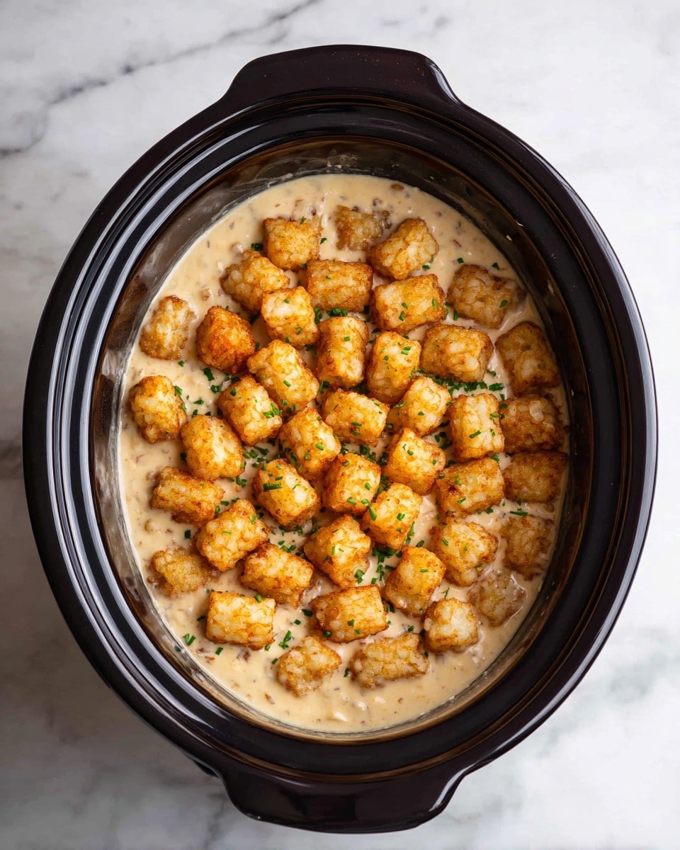 The image shows a black slow cooker with two handles on a white marbled surface. Inside the cooker, there are about five rows of small rectangular pieces of food arranged closely, each piece having a textured, crispy, golden-brown color with some red specks, indicating seasoning or sauce. The pieces cover the entire inside surface of the slow cooker in a neat pattern. Photo taken with an iphone --ar 4:5 --v 7