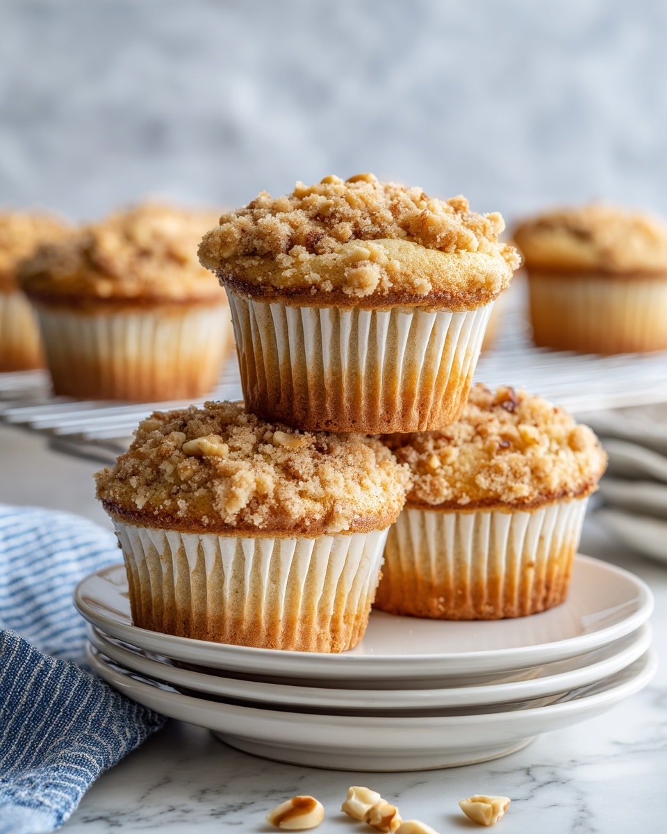 Three crumb-topped muffins sit close together on a stack of three white plates. Each muffin has two visible layers: the bottom layer is the soft, light brown cake inside a white ridged paper liner, and the top layer is a thick, rough, golden crumb topping with small pieces of nuts scattered within. The plates rest on a white marbled surface with a few nut pieces scattered around. In the background, there are blurred muffins on a cooling rack. A folded blue and white striped cloth is in the lower left corner. Photo taken with an iphone --ar 4:5 --v 7