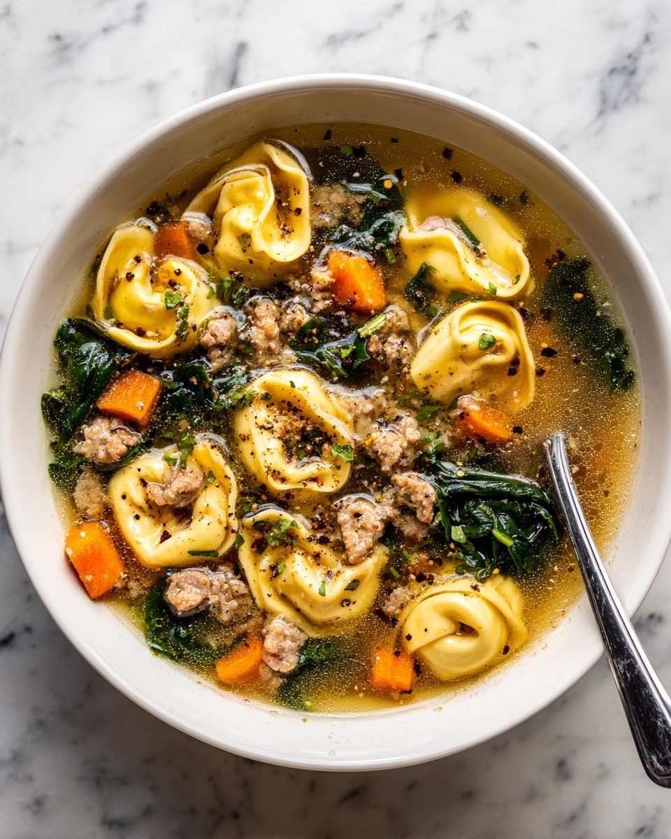 A close-up view of a bowl of soup filled with several layers of ingredients: the bottom layer is a clear, golden-brown broth; floating in it are orange carrot cubes, green leafy herbs, and small, browned sausage pieces. On top are many yellow tortellini pasta pieces with slightly browned edges. The soup is sprinkled with black pepper and fresh green herbs, creating a vibrant and hearty look. The bowl is white and set on a white marbled surface, with part of a spoon visible inside the soup. Photo taken with an iphone --ar 4:5 --v 7