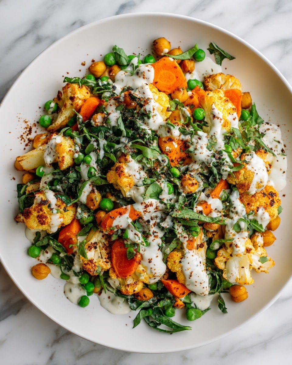 A dish on a round white plate filled with layers of roasted golden cauliflower pieces and bright orange carrot chunks scattered throughout, mixed with green peas and topped with fresh dark green spinach leaves. A creamy white sauce is drizzled over the top, with some sprinkled brown spice creating a speckled effect. The plate is placed on a white marbled surface. photo taken with an iphone --ar 4:5 --v 7
