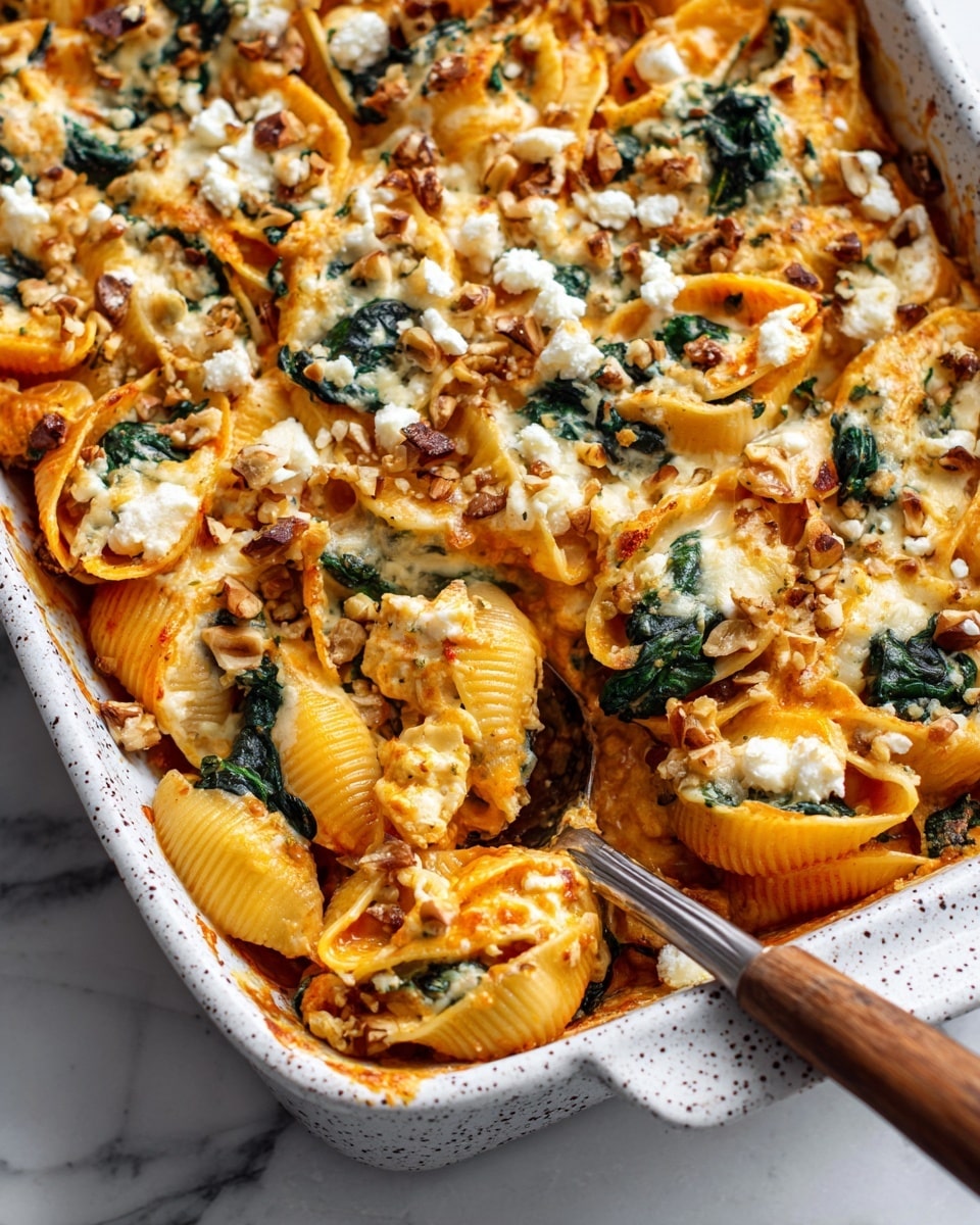 This image shows a close-up of a baked pasta dish in a white speckled baking dish on a white marbled surface. The dish has about three main layers: at the bottom, there are small shell pasta with a golden-brown baked texture, in the middle there is melted cheese mixed with creamy sauce and fresh green spinach leaves, and on top, there are crumbled white cheese pieces and chopped walnuts scattered across. The pasta looks slightly toasted with brown spots and a rustic, hearty feel. A metal fork with a wooden handle is inserted into the dish on the right side, lifting some pasta. photo taken with an iphone --ar 4:5 --v 7