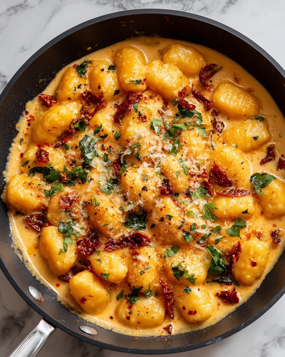 A close-up view of a black skillet filled with creamy yellow-orange beans in a thick sauce, topped with small dark red sun-dried tomatoes and finely chopped green herbs scattered across the surface. The beans are plump and coated evenly with the sauce, which has a smooth texture with some small garlic pieces mixed in. The skillet sits on a white marbled surface with a few fresh green herbs and coarse salt scattered around. Photo taken with an iphone --ar 4:5 --v 7