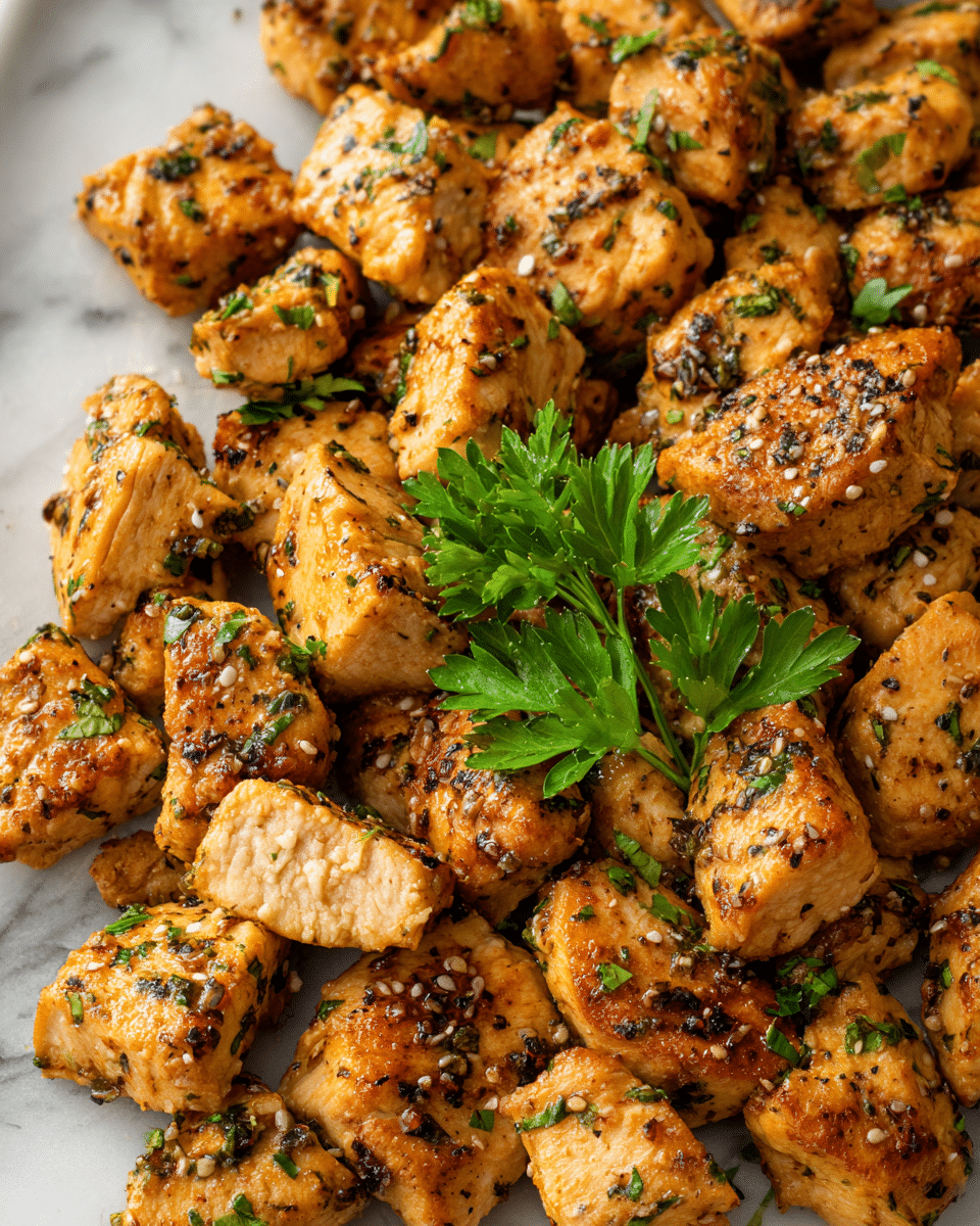 A close-up view of many small, golden-brown pieces of cooked chicken stacked closely together, each piece covered in small green herb bits and seasoning with tiny white seeds sprinkled on top, showing a moist and slightly shiny texture. In the center, a sprig of fresh parsley adds a bright green contrast. The pieces have a mix of crispy browned edges with softer, pale cream areas, creating a rich texture. The background is a white marbled surface. photo taken with an iphone --ar 4:5 --v 7