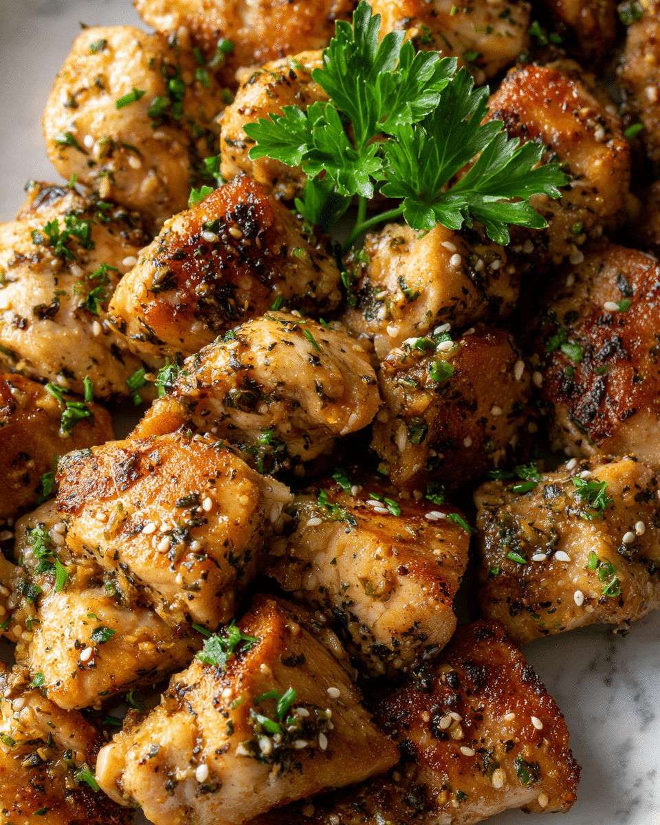 The image shows a close-up of many small, round pieces of cooked food, browned on the outside with green herbs sprinkled all over them. The pieces have a light golden color with crispy, darker brown spots. On top and between the pieces, there are small white seeds and green herbs, along with a small sprig of fresh green parsley placed in the middle for decoration. The background is a white marbled surface. photo taken with an iphone --ar 4:5 --v 7