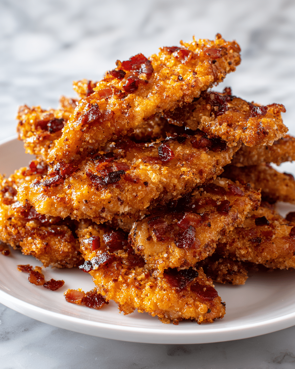 The image shows a close-up of a pile of breaded chicken strips with a shiny glaze on top, stacked in a white plate. The chicken strips have a textured, golden-brown crust with pieces of crispy bacon bits scattered over them. The rich glaze gives the dish a glossy, sticky look, and the bacon bits add dark reddish-brown spots that contrast with the lighter tones of the breading. The scene is set against a white marbled surface, making the warm colors of the chicken strips stand out clearly. photo taken with an iphone --ar 4:5 --v 7