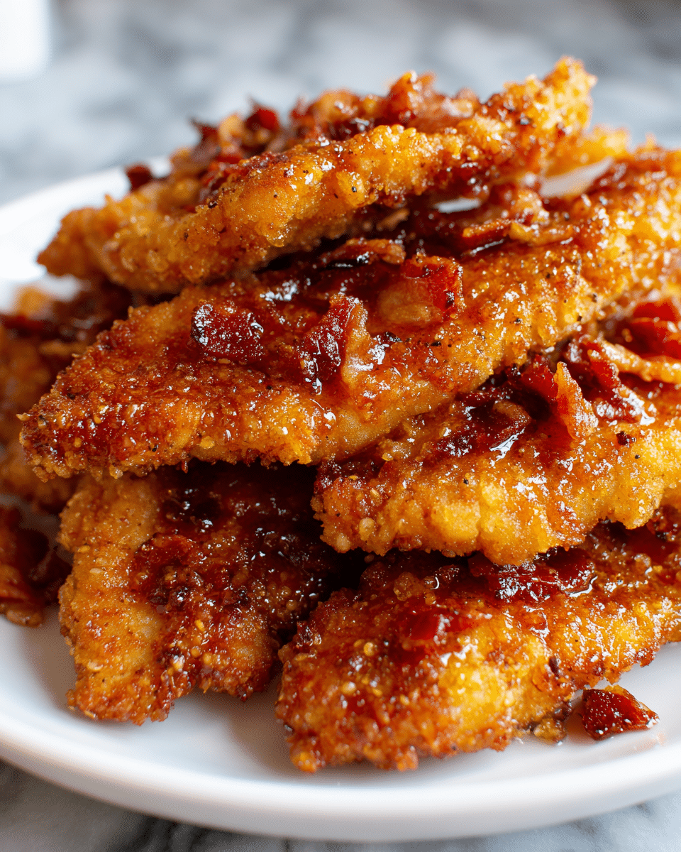 A white plate filled with five golden brown fried chicken strips layered with crispy pieces of dark reddish-brown bacon on top, sprinkled with small green parsley leaves; behind the chicken strips are thick golden orange sweet potato fries also sprinkled with parsley, all placed on a white marbled surface. photo taken with an iphone --ar 4:5 --v 7