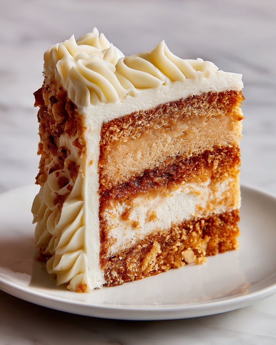A close-up of a single slice of cake on a white plate, placed on a white marbled surface. The slice has three visible layers: the top and bottom layers are moist, brownish cake with a crumbly texture, and the middle layer is lighter with chunks of fruit, possibly apple, mixed in a creamy filling. The top of the cake is covered with a thick layer of smooth, off-white frosting that is swirled in a decorative pattern. The image catches warm lighting highlighting the cake’s textures and colors. Photo taken with an iphone --ar 4:5 --v 7