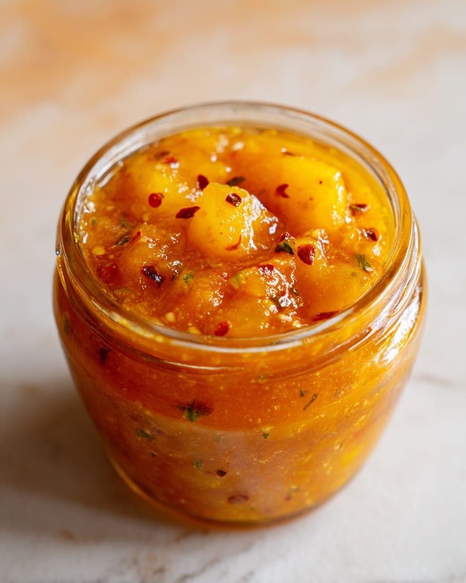 A close-up image of a small clear glass jar filled with a thick orange-yellow sauce that has visible chunks of yellow fruit and green herb pieces inside. The sauce has a glossy, slightly textured look with red chili flakes scattered throughout, giving it a colorful speckled appearance. The jar is placed on a white marbled surface, and the background is softly blurred with warm brown and green hues. Photo taken with an iphone --ar 4:5 --v 7