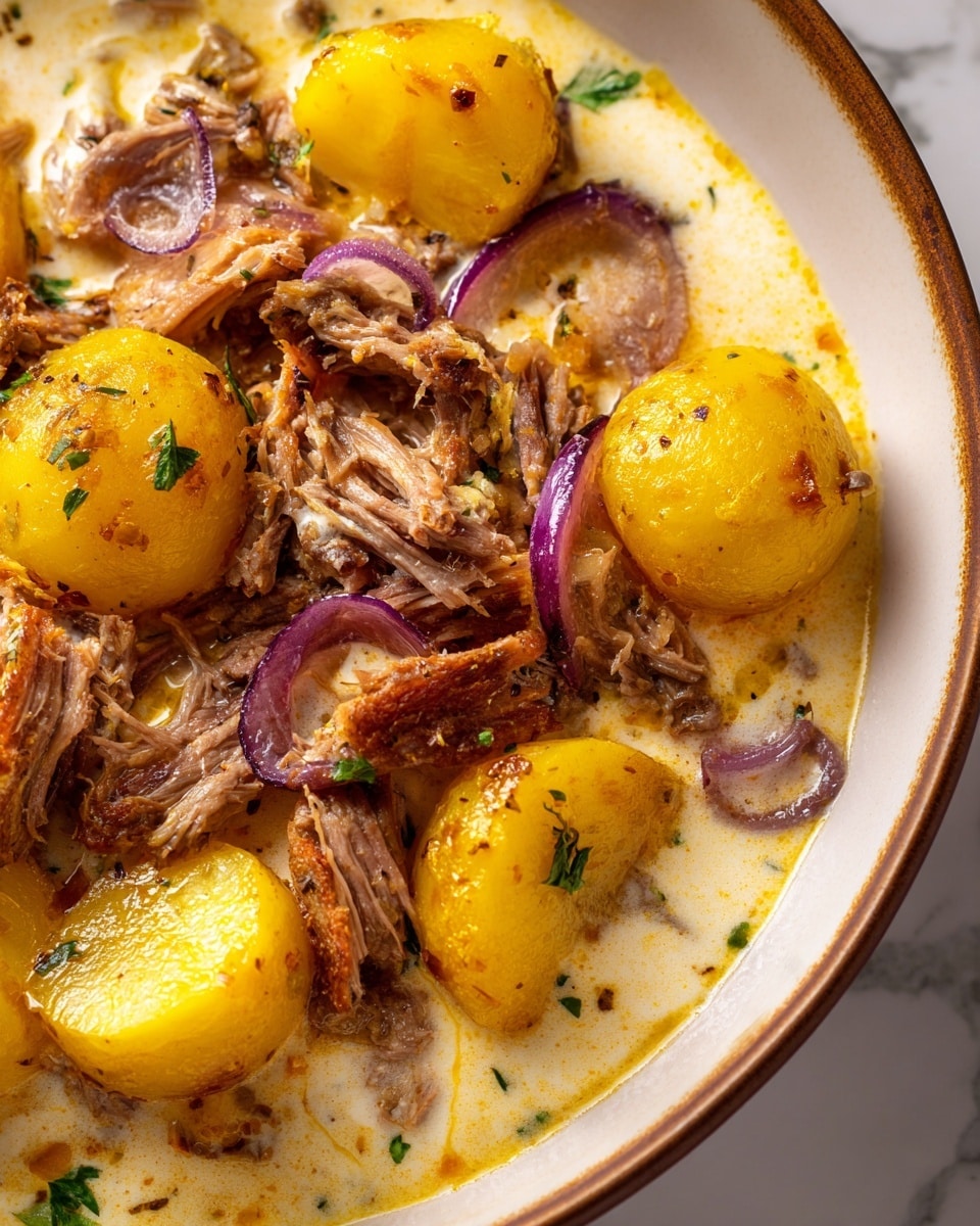 The image shows a pot filled with a creamy brown sauce as the base layer, with pieces of browned, tender meat sitting on top, showing a mix of crispy darker edges and softer inside textures. Scattered around and partially submerged in the sauce are chunky golden-yellow potato pieces and slices of soft purple-red onions, some caramelized, adding a mix of colors and textures. The dish looks rich and hearty with visible herbs mixed in the sauce. The pot has a rustic brown edge, and the photo is taken up close, showing detailed textures of the meat, vegetables, and sauce. Photo taken with an iphone --ar 4:5 --v 7