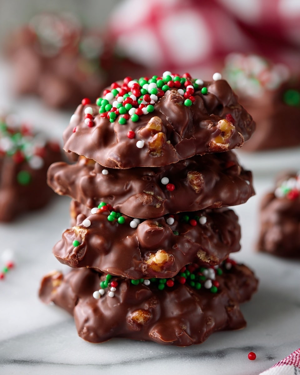 A close-up image shows a stack of five thick, uneven chocolate clusters, each studded with large peanut pieces inside and out. The clusters have a smooth, creamy milk chocolate texture with swirls and lumps where the peanuts are embedded. The top cluster has a bite taken out, revealing the golden peanut pieces inside the soft chocolate. Small round sprinkles in red, green, and white are scattered across the top cluster, adding bright spots of color against the rich chocolate. The background has a soft, white marbled texture. photo taken with an iphone --ar 4:5 --v 7