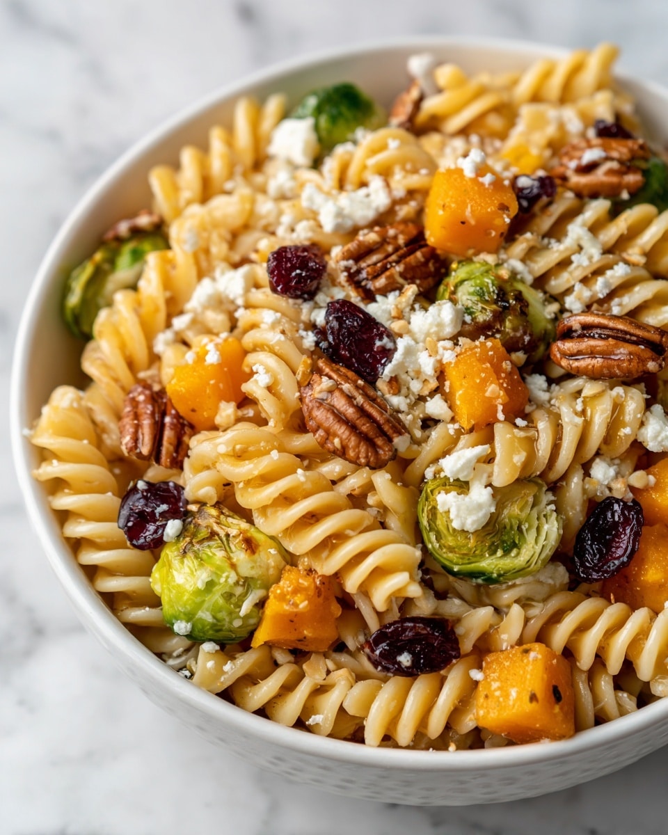 A white bowl filled with pasta salad showing three main layers: at the bottom, light beige rotini pasta with a smooth texture; scattered above are bright green Brussels sprout halves with a slightly shiny surface and rich orange cubes of butternut squash with a soft texture; on top, there are glossy toasted pecans and small, dark red dried cranberries. White crumbly cheese is sprinkled all over, adding contrast to the warm colors. The bowl is placed on a white marbled surface, photo taken with an iphone --ar 4:5 --v 7
