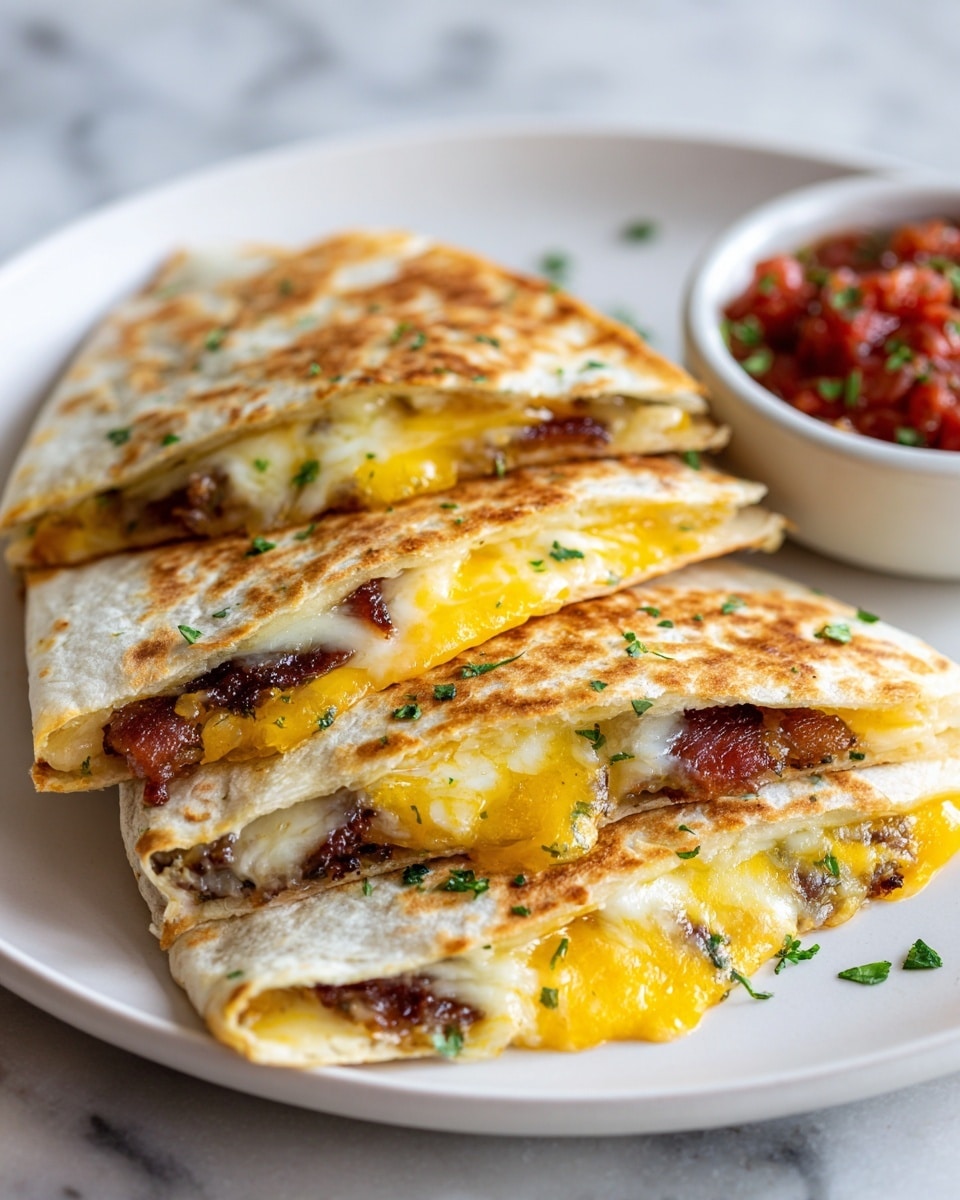 The image shows three stacked quesadilla triangles placed on a white plate on a white marbled surface, each triangle filled with melted yellow cheese and bits of cooked bacon. The wrapping tortillas are golden brown with light grill marks and small green herb bits sprinkled on top. In the background, there's a blurred bunch of green herbs and a white bowl filled with red salsa. The edges of the quesadillas look crispy and slightly uneven, showing the gooey cheese melting inside. Photo taken with an iphone --ar 4:5 --v 7
