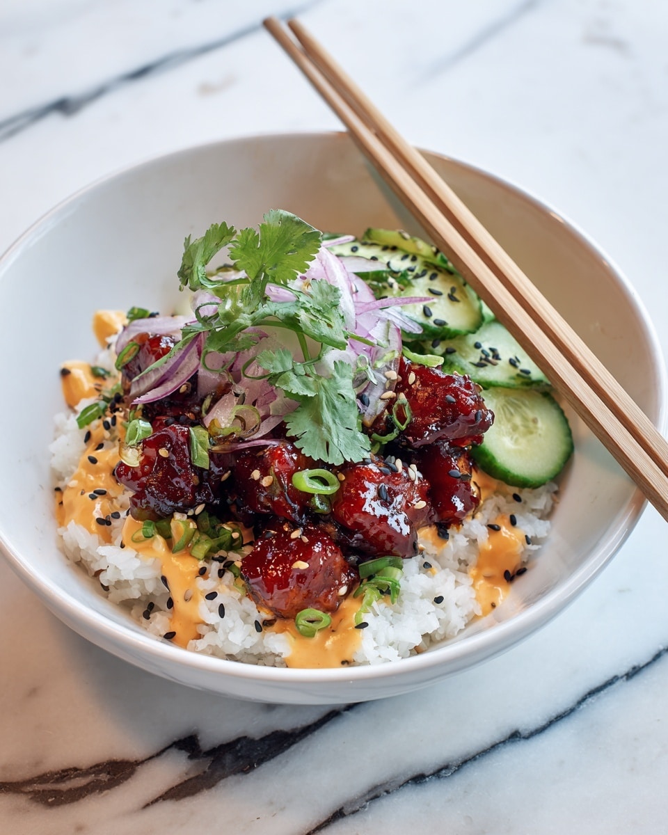 A white bowl filled with three main layers: the bottom layer is white steamed rice with a soft and slightly fluffy texture; the middle layer features glossy, dark reddish-brown glazed tofu chunks with a sticky, shiny surface; the top layer has a fresh cucumber salad made of light green cucumber pieces, thin slices of red onion, green scallions, and sprinkled black sesame seeds, garnished with fresh cilantro leaves. A pair of wooden chopsticks rests on the right side of the bowl, and the bowl is placed on a white marbled surface. Photo taken with an iphone --ar 4:5 --v 7