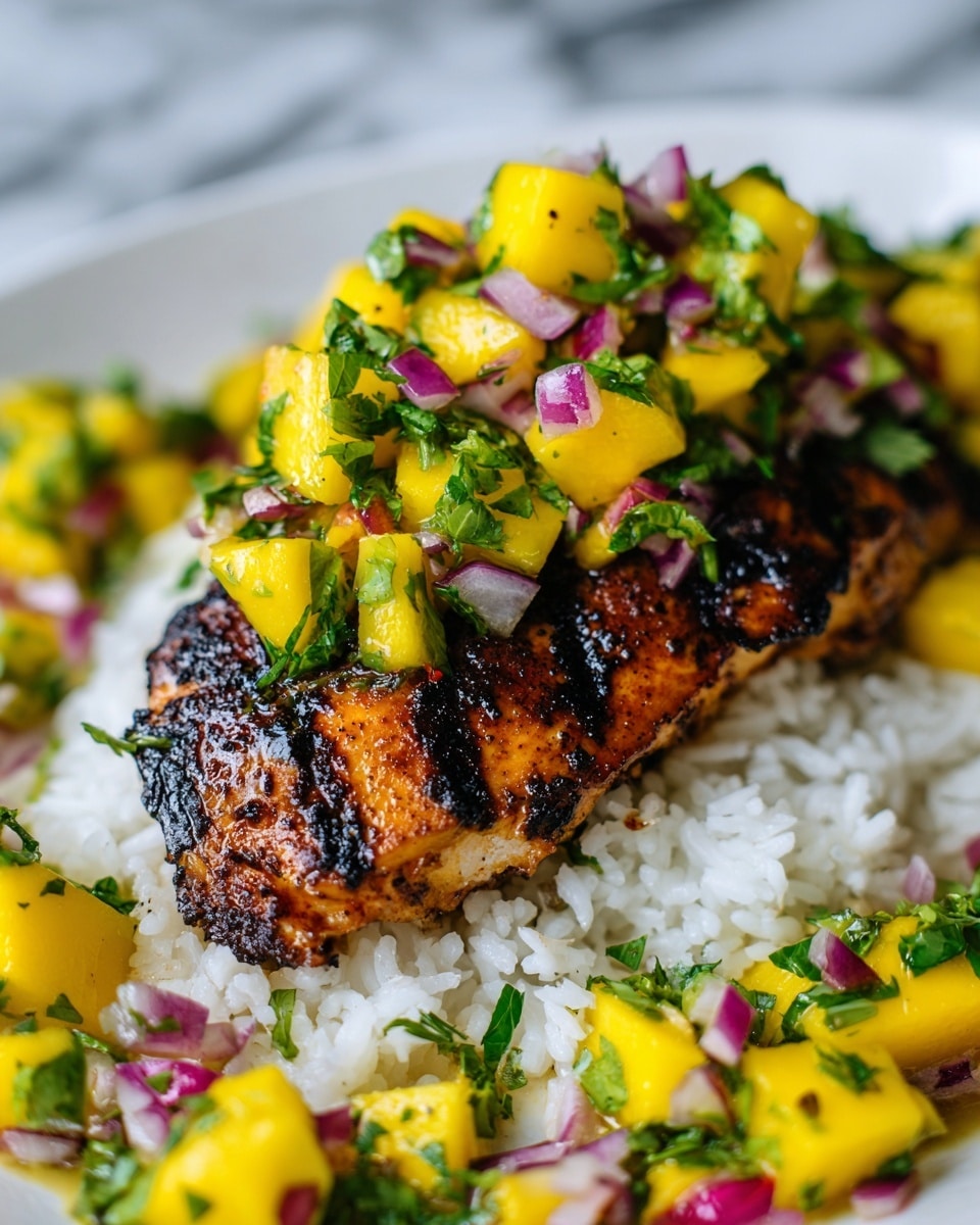 The image shows a close-up of grilled chicken with dark, charred grill marks placed on a bed of white rice. On top of the chicken is a colorful salsa made of small, bright yellow mango cubes, green avocado pieces, finely chopped red onion, and green herbs, adding a fresh, vibrant look. Around the edges, there are slices of orange bell pepper shaped like flowers. The background is a white marbled texture. photo taken with an iphone --ar 4:5 --v 7