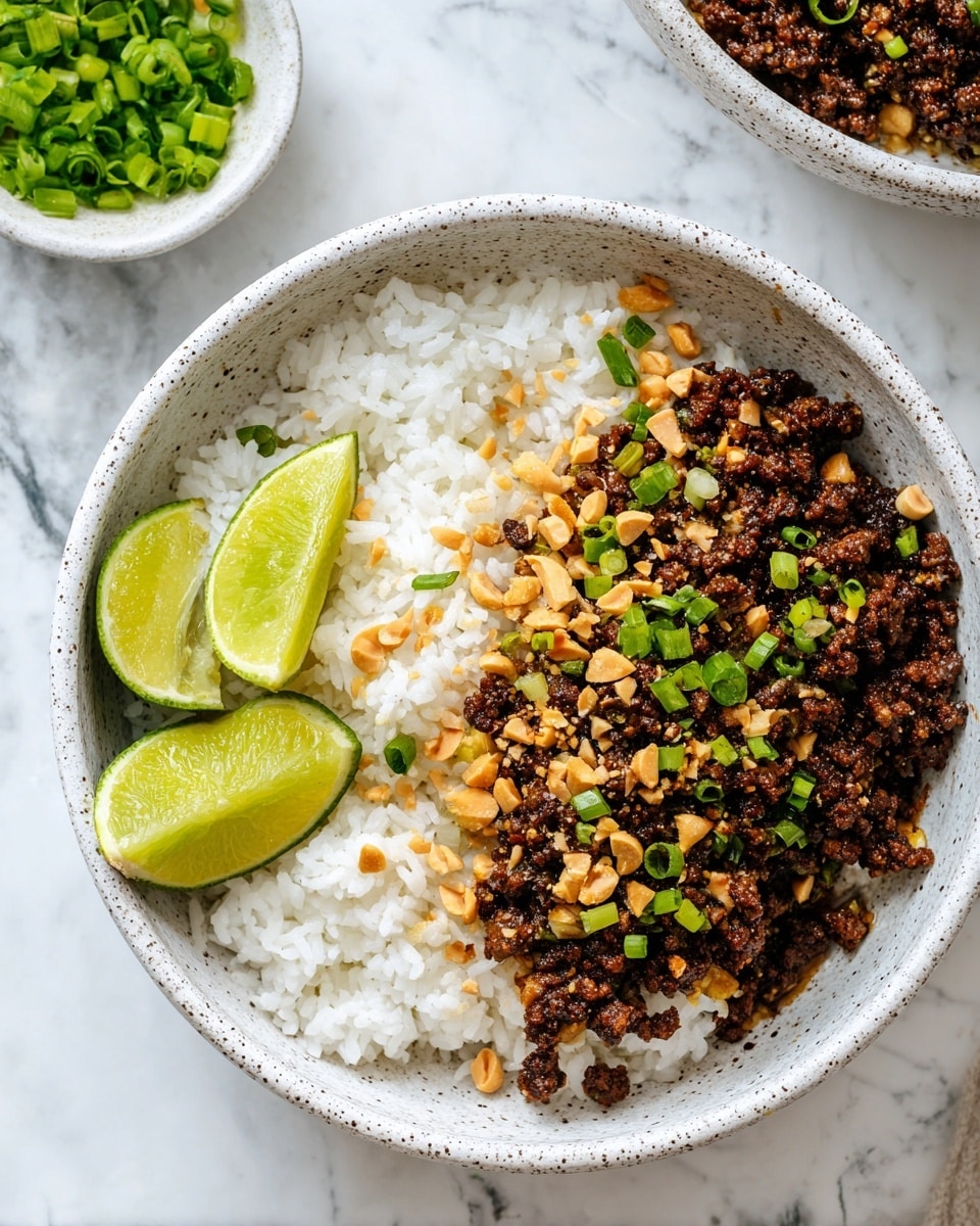 A white bowl filled with a base layer of fluffy white rice, topped with a layer of dark brown, slightly crispy small minced meat pieces mixed with crushed peanuts. Bright green sliced scallions are scattered on top, adding a fresh touch. Two lime wedges with a pale green inside rest on the side of the bowl. In the background, there's a smaller white bowl filled with chopped green scallions. The surface beneath the bowls is a white marbled texture. Photo taken with an iphone --ar 4:5 --v 7