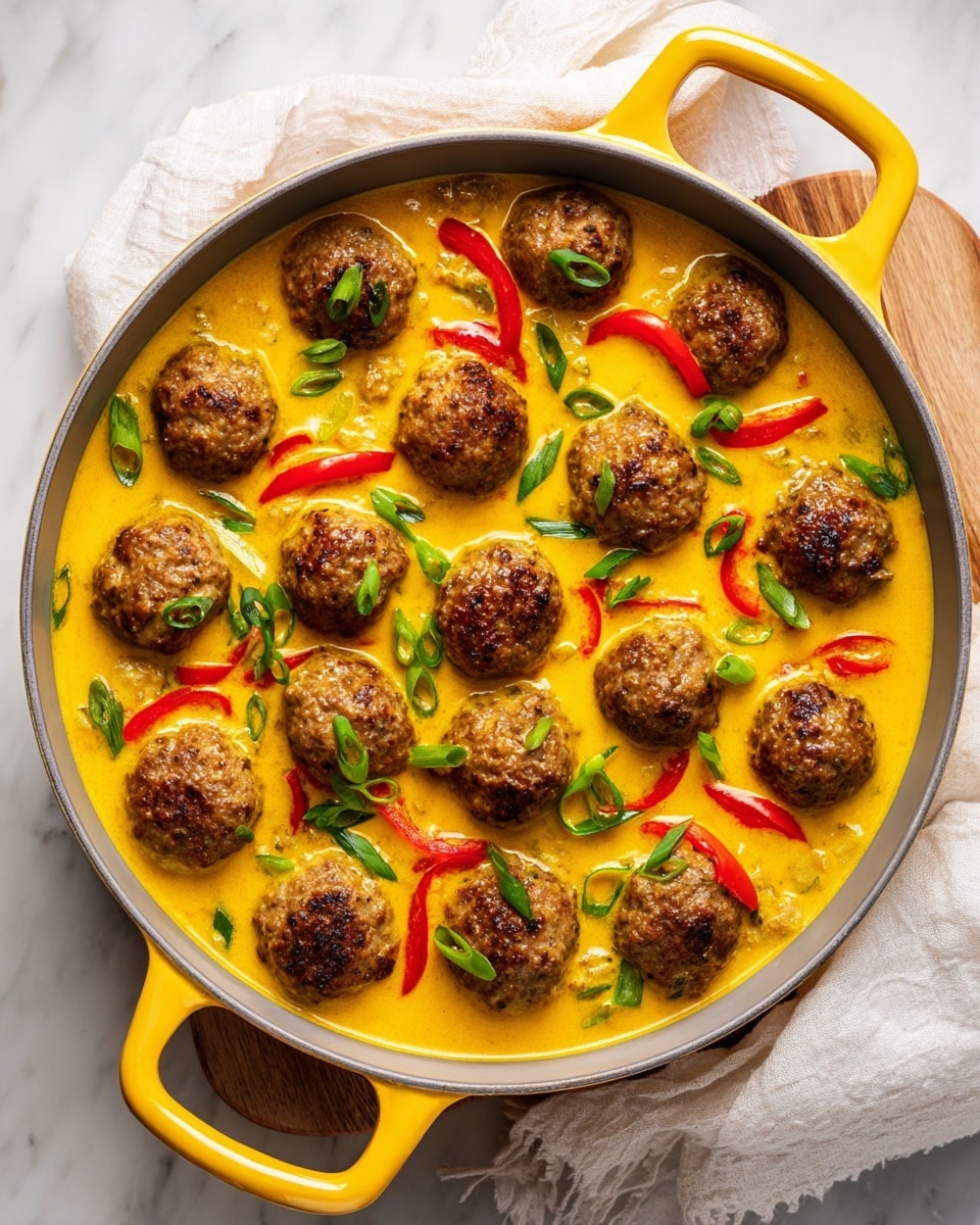 A yellow pan with two handles holds a dish with about twenty brown meatballs covered in thick, creamy yellow curry sauce. Thin orange strips and small green onion slices float on top, adding bright red and green colors. The surface beneath the pan is a white marbled texture. The photo is taken with an iphone --ar 4:5 --v 7