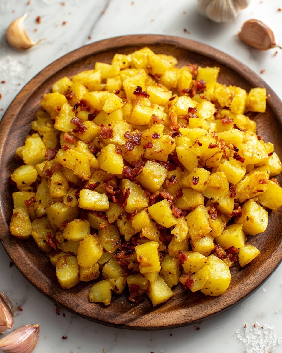 A rustic brown plate holds a heap of cooked diced yellow potatoes mixed with crispy cooked bacon pieces. The potatoes are soft with a light yellow color, and the bacon has dark golden-brown crispy edges. The dish looks warm and hearty, placed on a wooden surface with a few salt grains scattered around. The background features cloves of garlic, adding a homey feel. Photo taken with an iphone --ar 4:5 --v 7