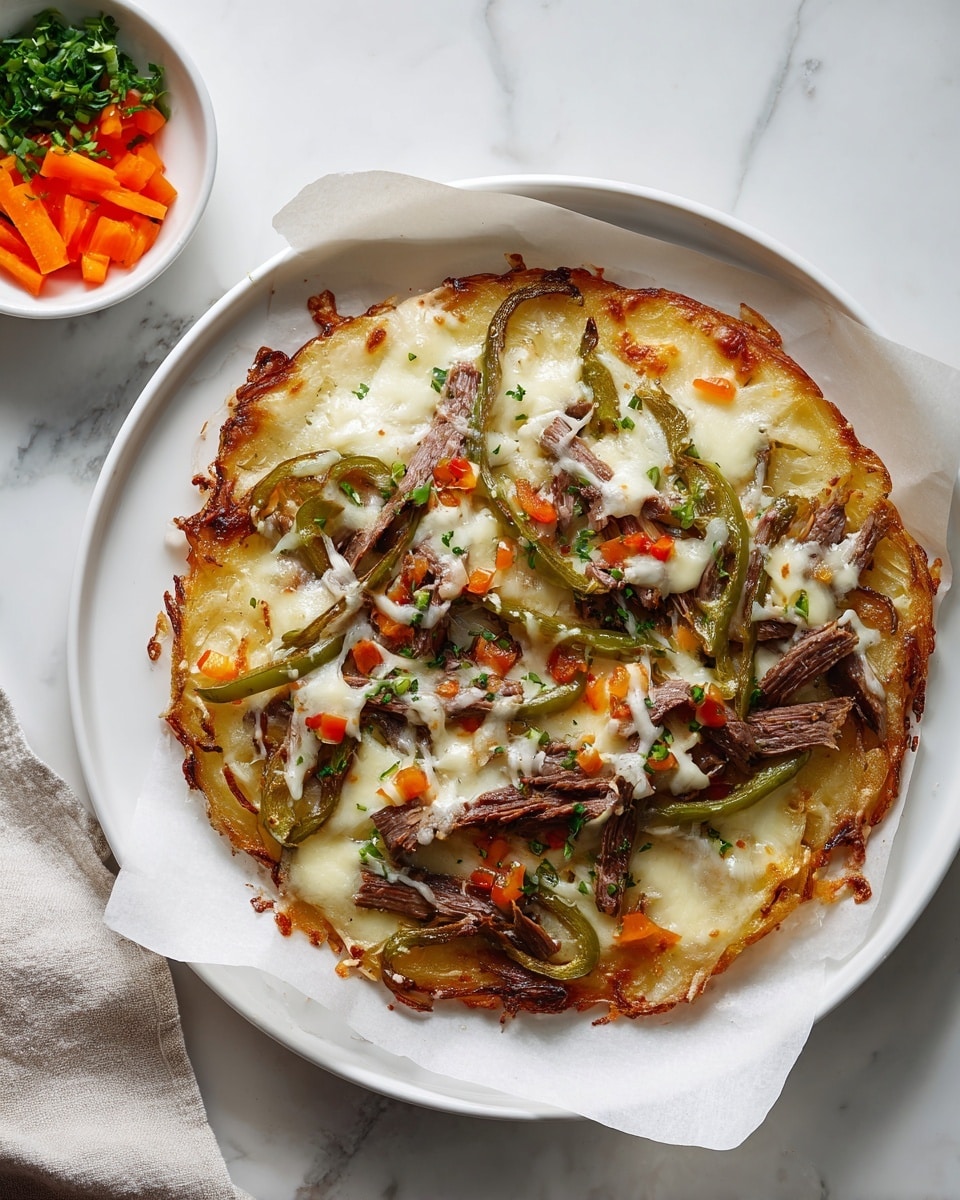 The dish is served on white parchment paper over a round white plate on a white marbled surface. It has a base layer of thick, golden-brown crispy potato fries spread all around the plate. On top of the fries, there are thin strips of cooked beef pieces scattered evenly. Mixed green bell pepper slices are layered across the beef, together with some melted cheese that is creamy white in color, melting over the layers below. Small bits of orange and white diced vegetables, likely onions and carrots, are sprinkled on top, along with fresh green herbs for garnish. To the top left, there is a small white bowl filled with finely chopped orange and white vegetables. Photo taken with an iphone --ar 4:5 --v 7