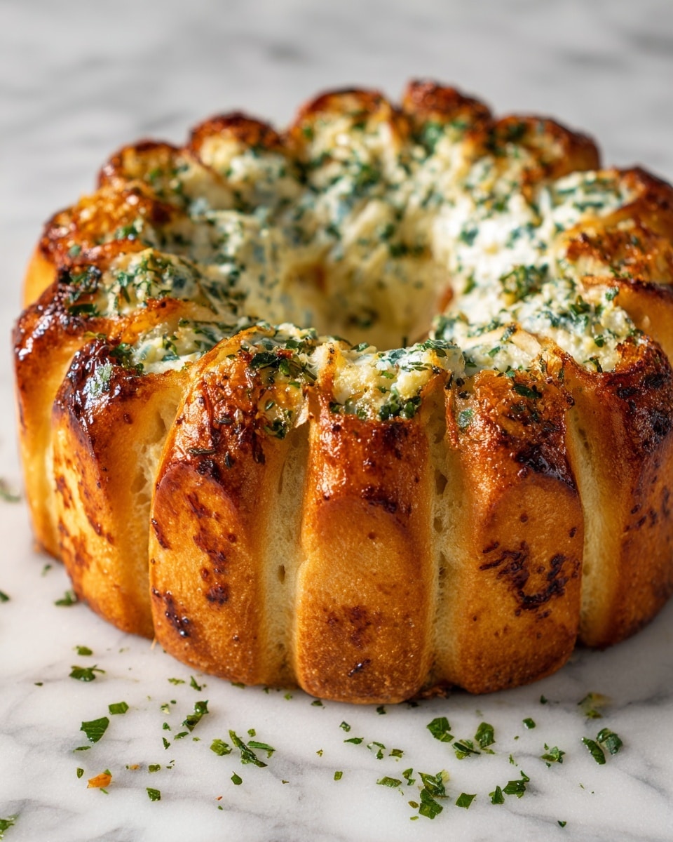A golden brown ring-shaped dish with a shiny, caramelized top layer that has a slightly crispy texture. The outer ring is evenly browned with a rich amber color, and small bits of chopped green herbs are scattered over the top and around the dish. The inside of the ring reveals a soft, creamy white filling that contrasts with the darker crust. The dish rests on a white marbled surface, with some herbs sprinkled around it for decoration. photo taken with an iphone --ar 4:5 --v 7