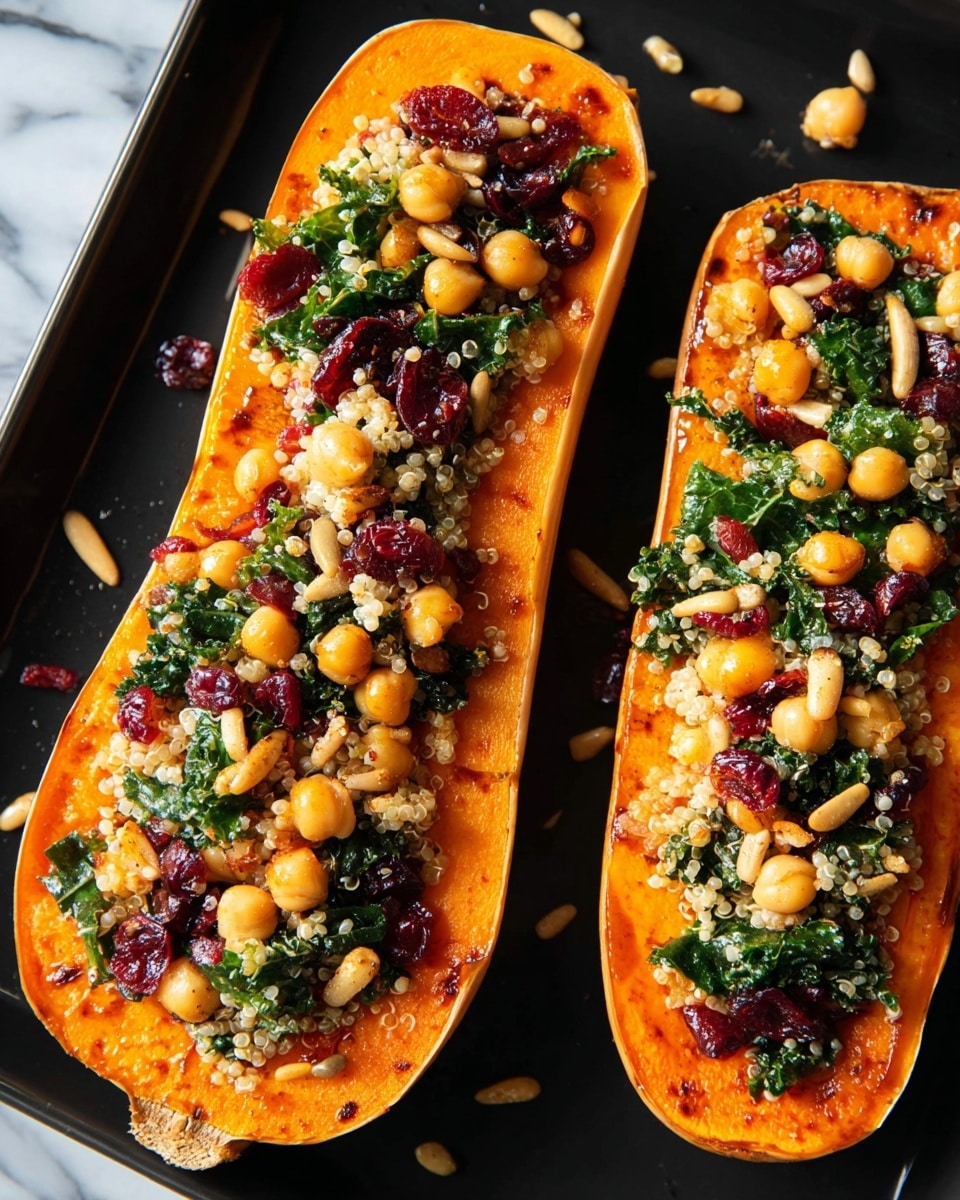 Two long slices of orange roasted squash lie side by side on a black tray, each topped with a colorful mix of ingredients. The first layer on the squash is soft and bright orange, followed by a mix of light yellow chickpeas, dark green wilted kale leaves, small pale beige quinoa grains, and dark red dried cranberries scattered evenly on top. There are also some light brown pumpkin seeds and pine nuts adding texture throughout. A few loose quinoa grains and chickpeas are scattered on the tray around the squash. The surface under the tray is a white marbled texture. Photo taken with an iphone --ar 4:5 --v 7